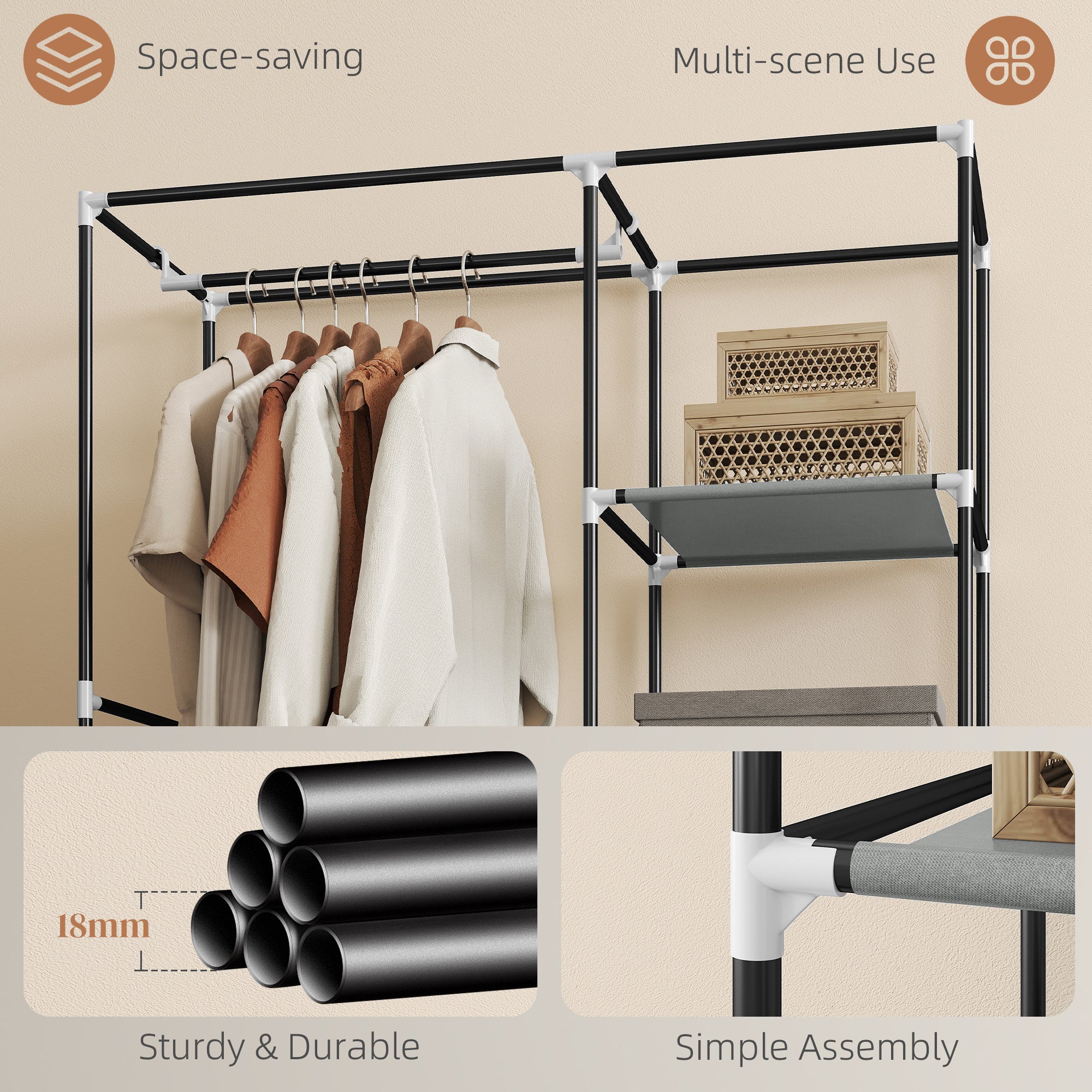 Kozy Fabric Wardrobe, Portable Wardrobe with 6 Shelves, 1 Hanging Rail, Foldable Closets, 103 x 43 x 162.5 cm, Light Grey