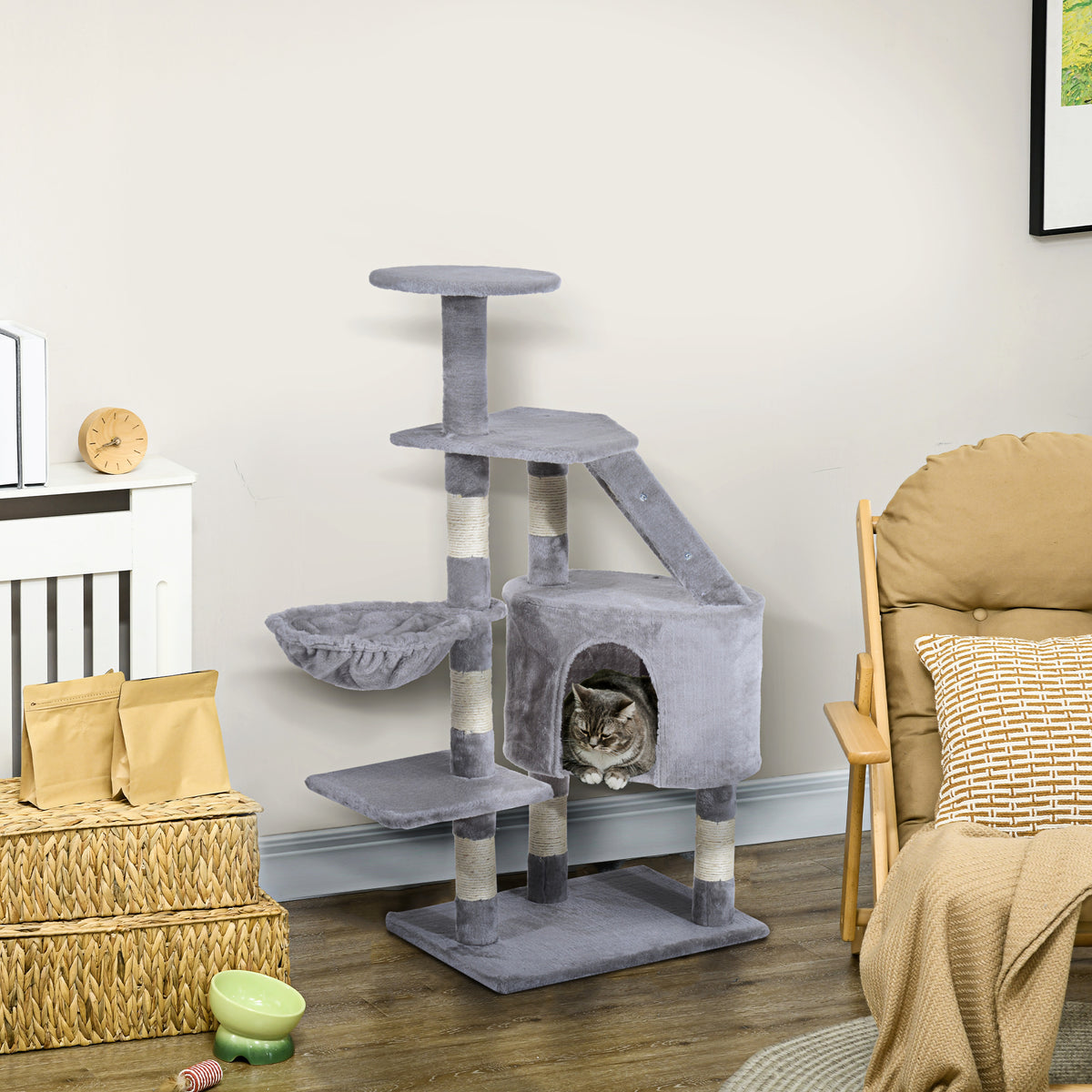 PawHut Cat Tree with Scratching Post, Kitten Activity Centre, Play House, Pet Furniture, 125cm, Grey