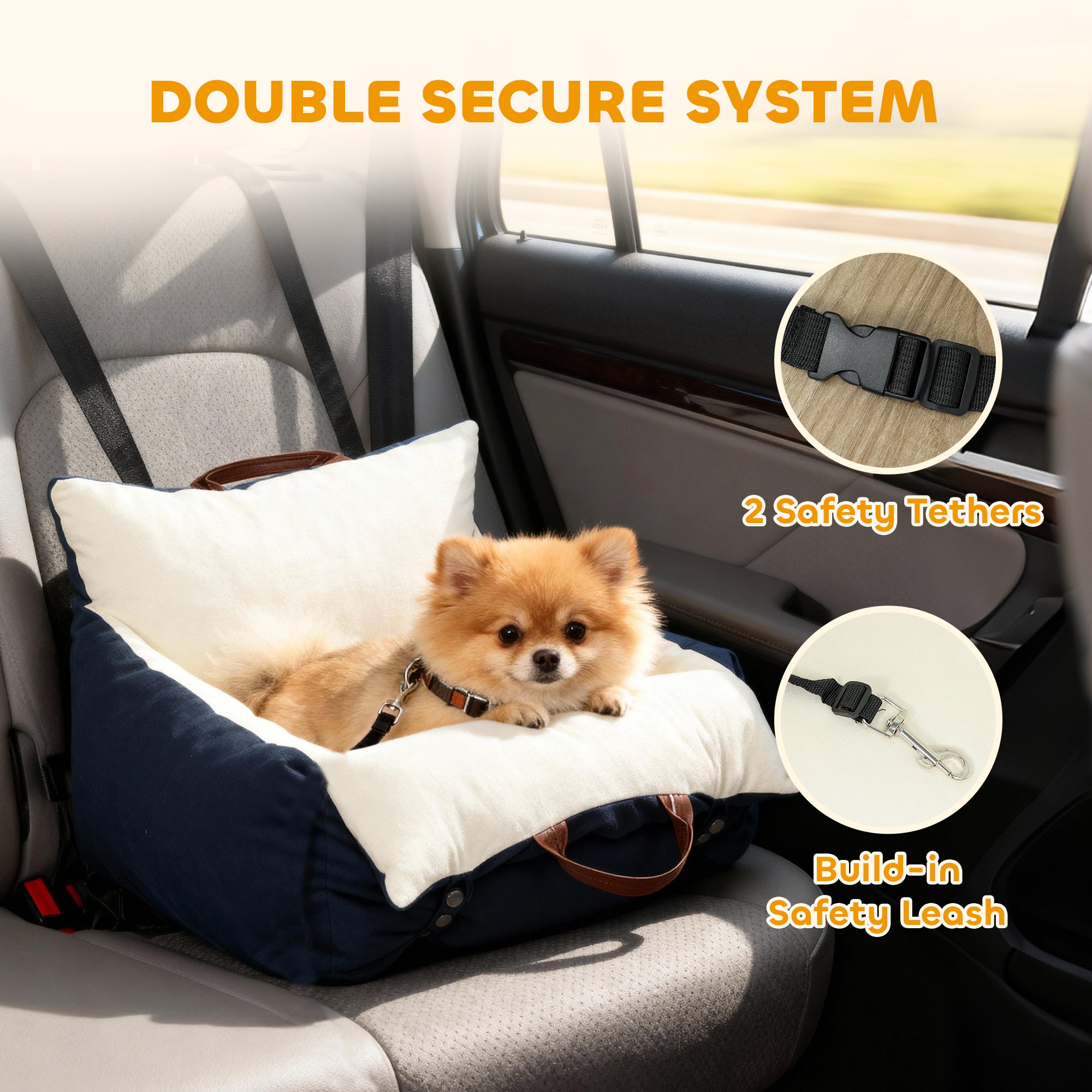 Kozy Dog Car Seat, Cosy Pet Car Booster Seat for Small Dog Under 5 KG, Portable Travel Bed with Safety Belts, Navy Blue