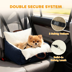 Kozy Dog Car Seat, Cosy Pet Car Booster Seat for Small Dog Under 5 KG, Portable Travel Bed with Safety Belts, Navy Blue