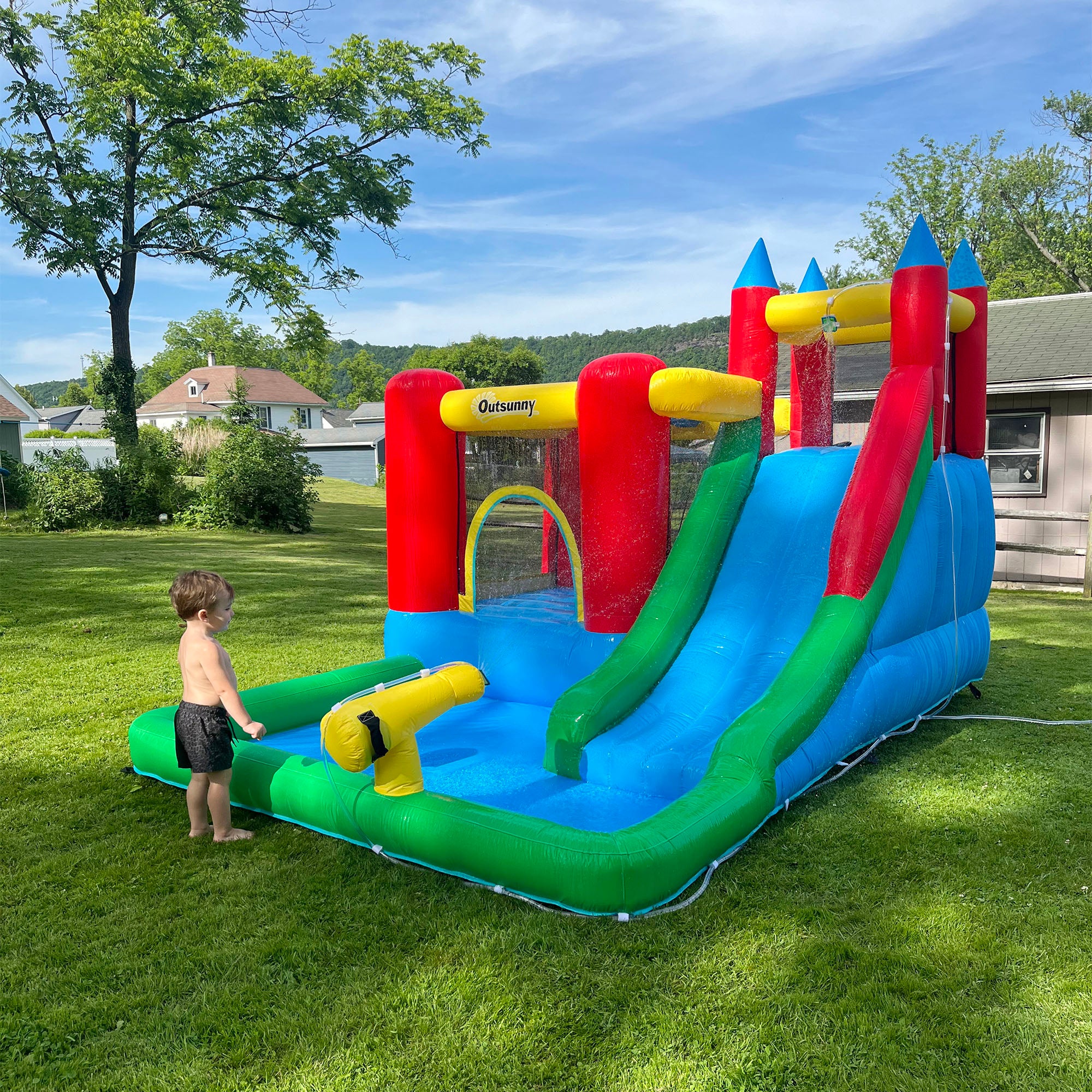 Kozy Kids Inflatable Bouncy Castle Water Slide 6 in 1 Bounce House Jumping Castle Water Pool Gun Climbing Wall Basketball Hoop with Air Blower for Summer Playland
