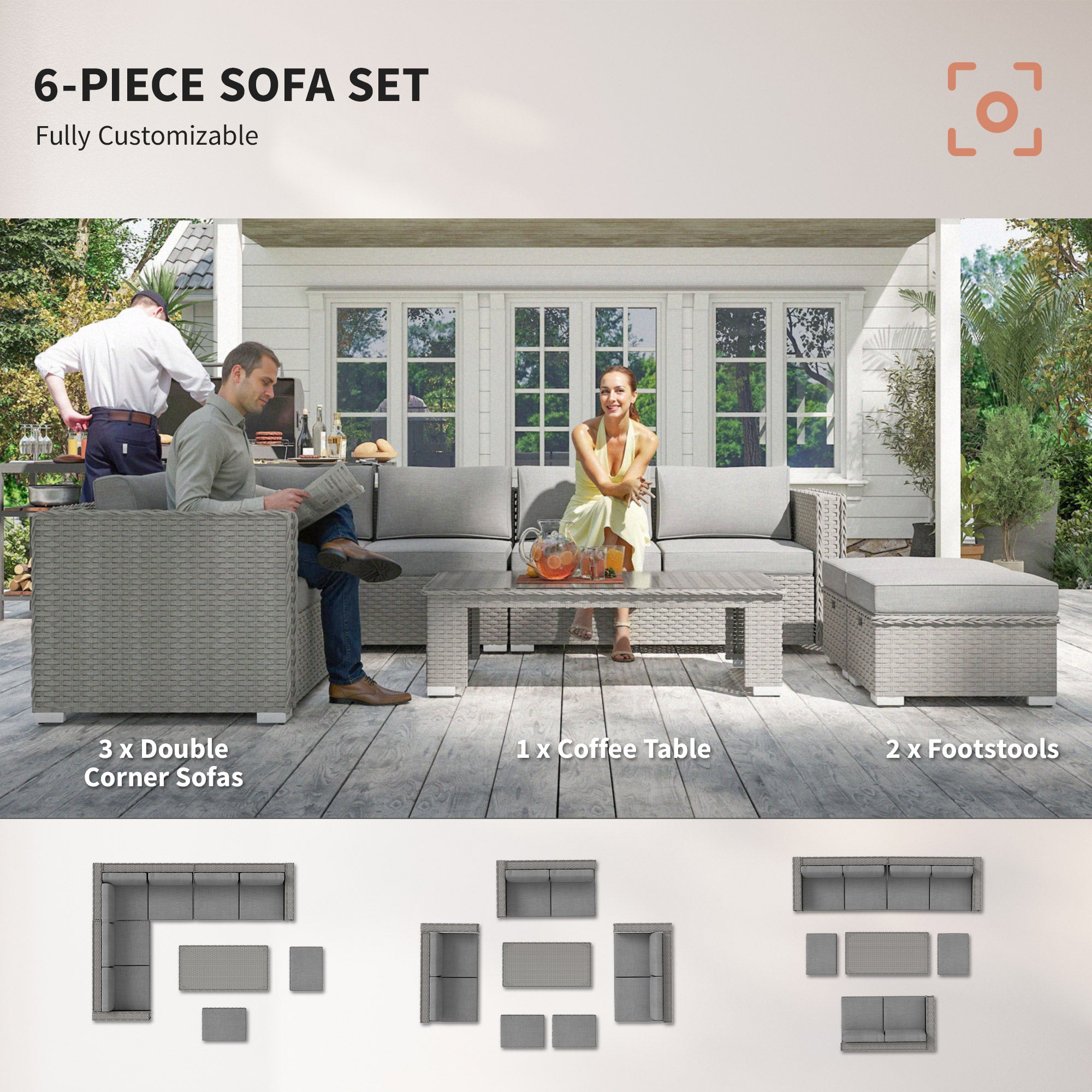 Kozy 6 Pieces Outdoor PE Rattan Wicker Corner Sofa Set with 10cm Thick Padded Cushions, Aluminium Conservatory Furniture with Glass Top Coffee Table, Footstools, Grey