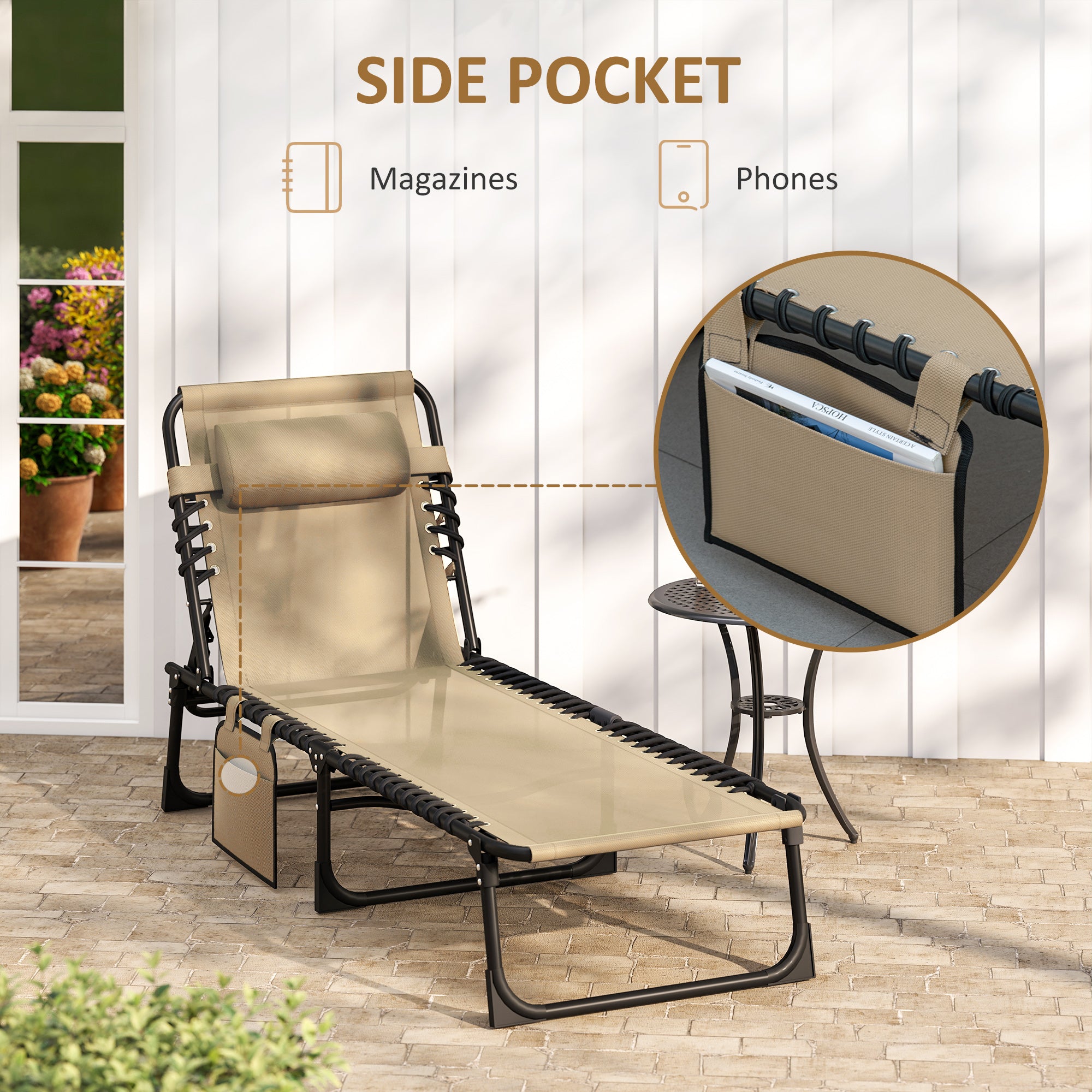 Kozy Portable Sun Lounger, Folding Camping Bed Cot, Reclining Lounge Chair 5-position Adjustable Backrest with Side Pocket, Pillow for Patio Garden Beach Pool, Beige