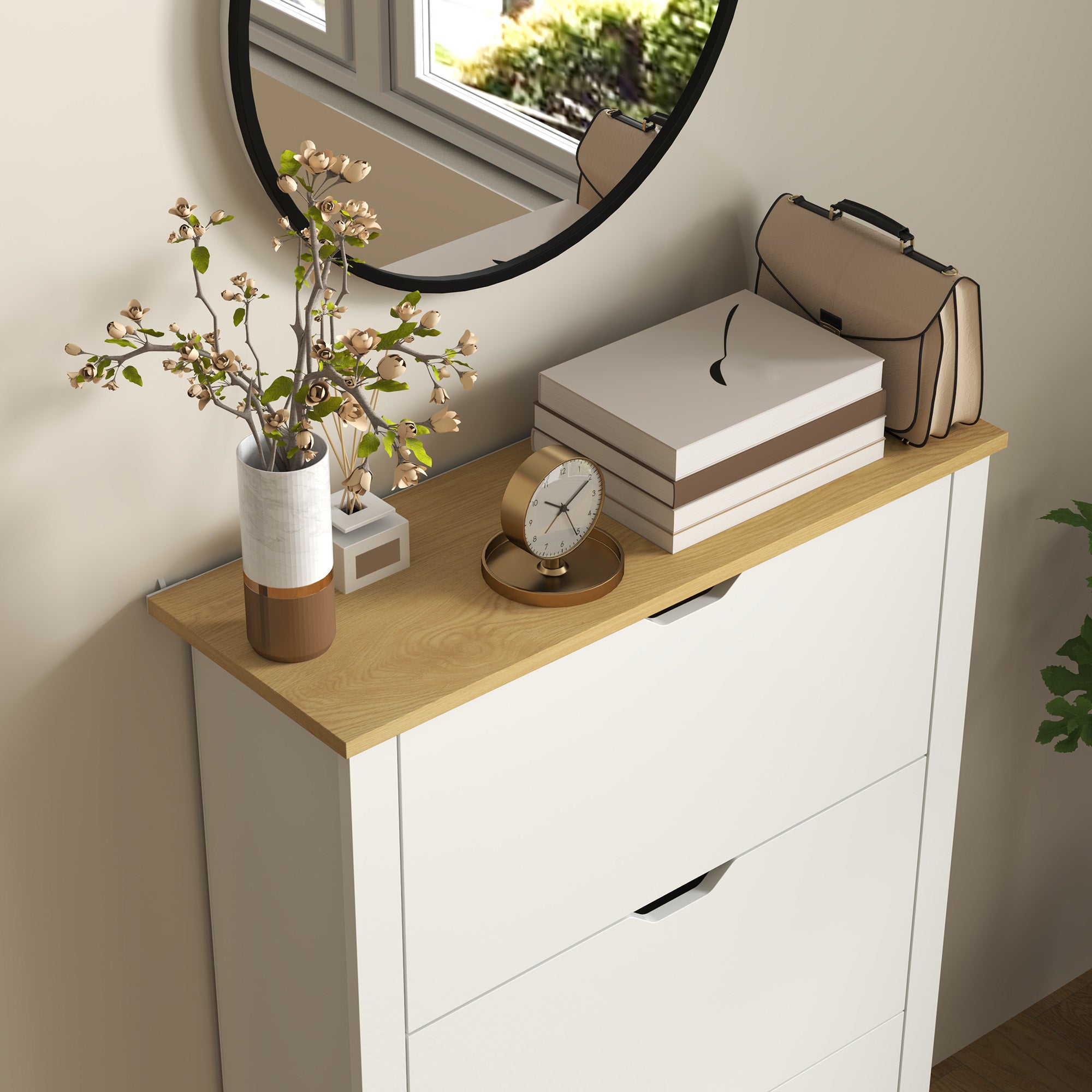 Kozy Slim Shoe Cabinet, Narrow Shoe Cupboard with 3 Flip Drawers, Adjustable Shelves for 18 Pairs of Shoes, High Gloss White