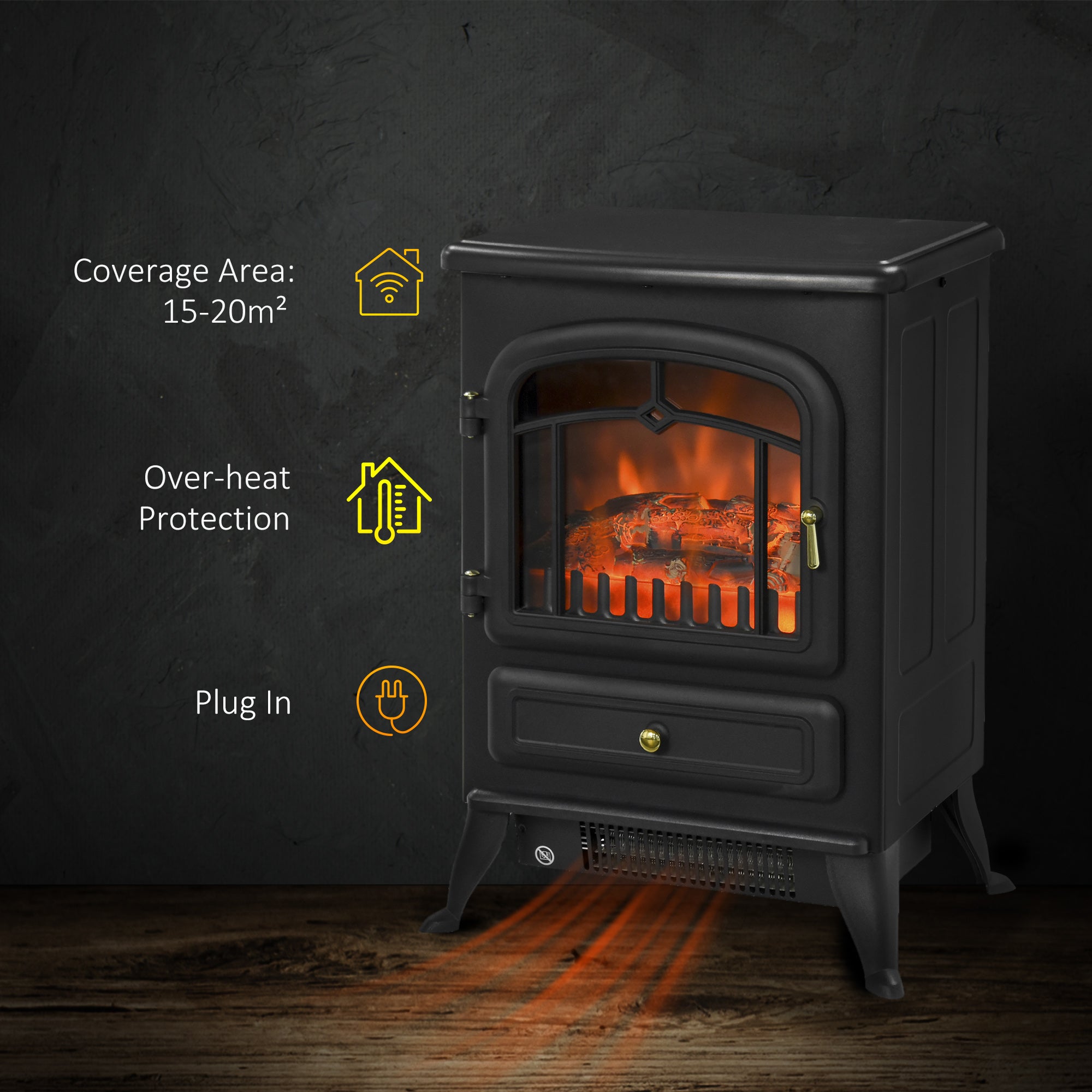 Kozy - Freestanding Electric Fireplace Indoor Heater Glass View Log Wood Burning Effect Flame Portable Fireplace Stove 950/1850W Black