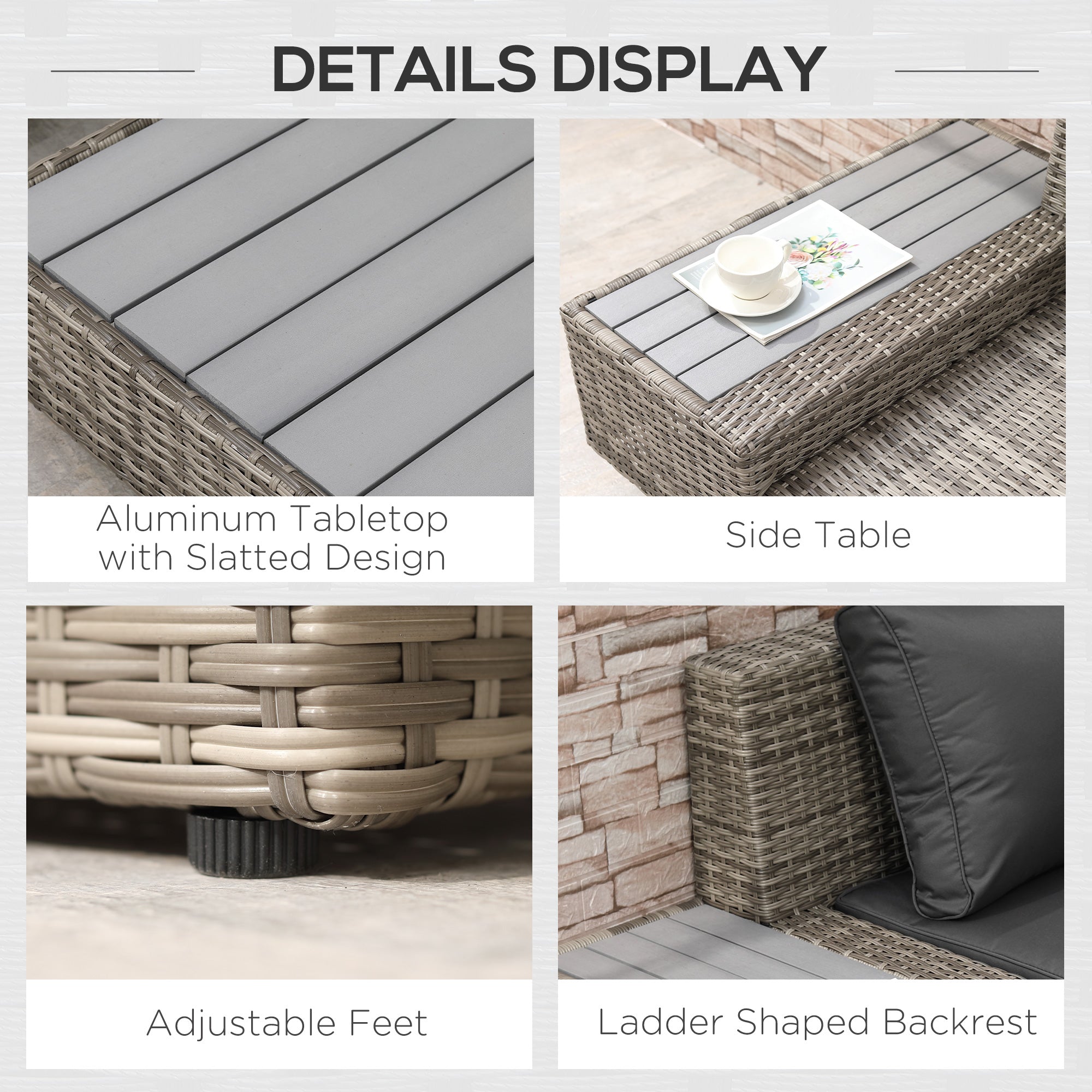 Kozy 4 PCs Rattan Garden Furniture Outdoor Sectional Corner Sofa and Coffee Table Set  Conservatory Wicker Weave Furniture with Armrest and Cushions - Light Grey