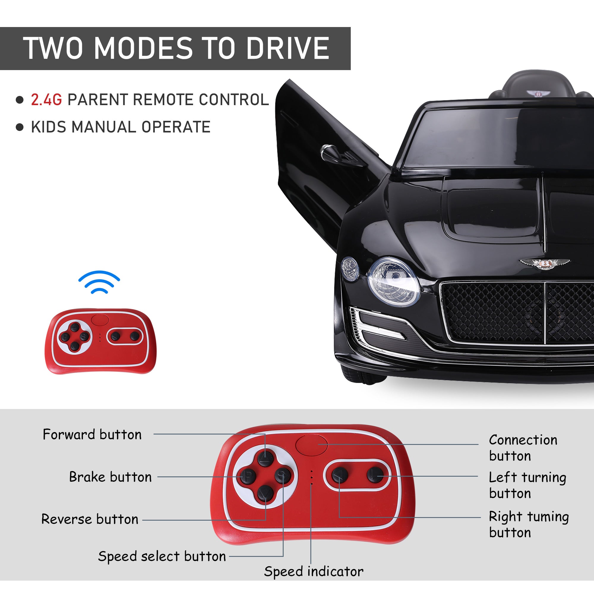 HOMCOM Licensed Bentley Kids Electric Car, 6V Battery Ride On Toy, Durable PP Construction, Black