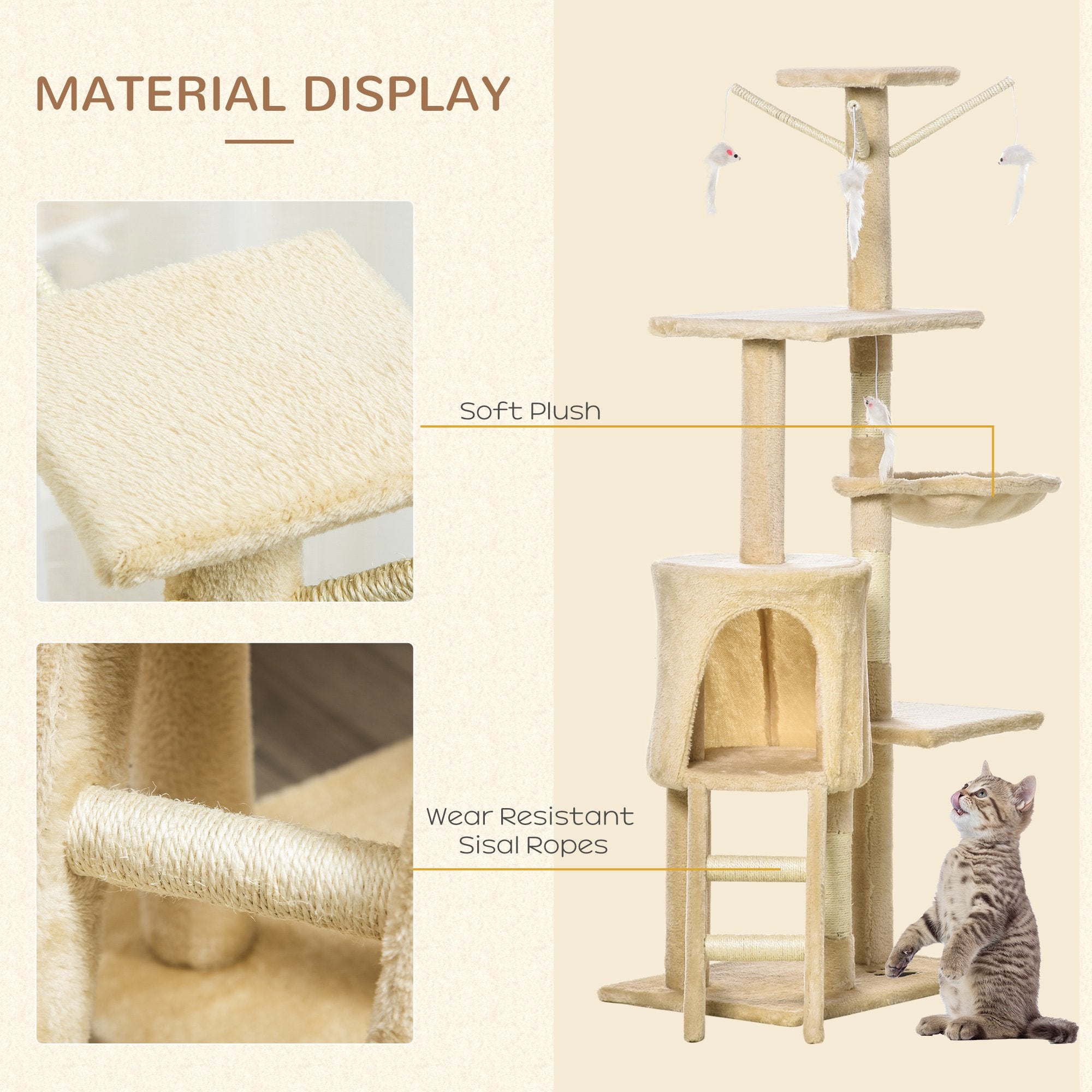 PawHut Deluxe Cat Tree House, 131cm Tall, with Scratching Posts and Cosy Perches, Sturdy Beige