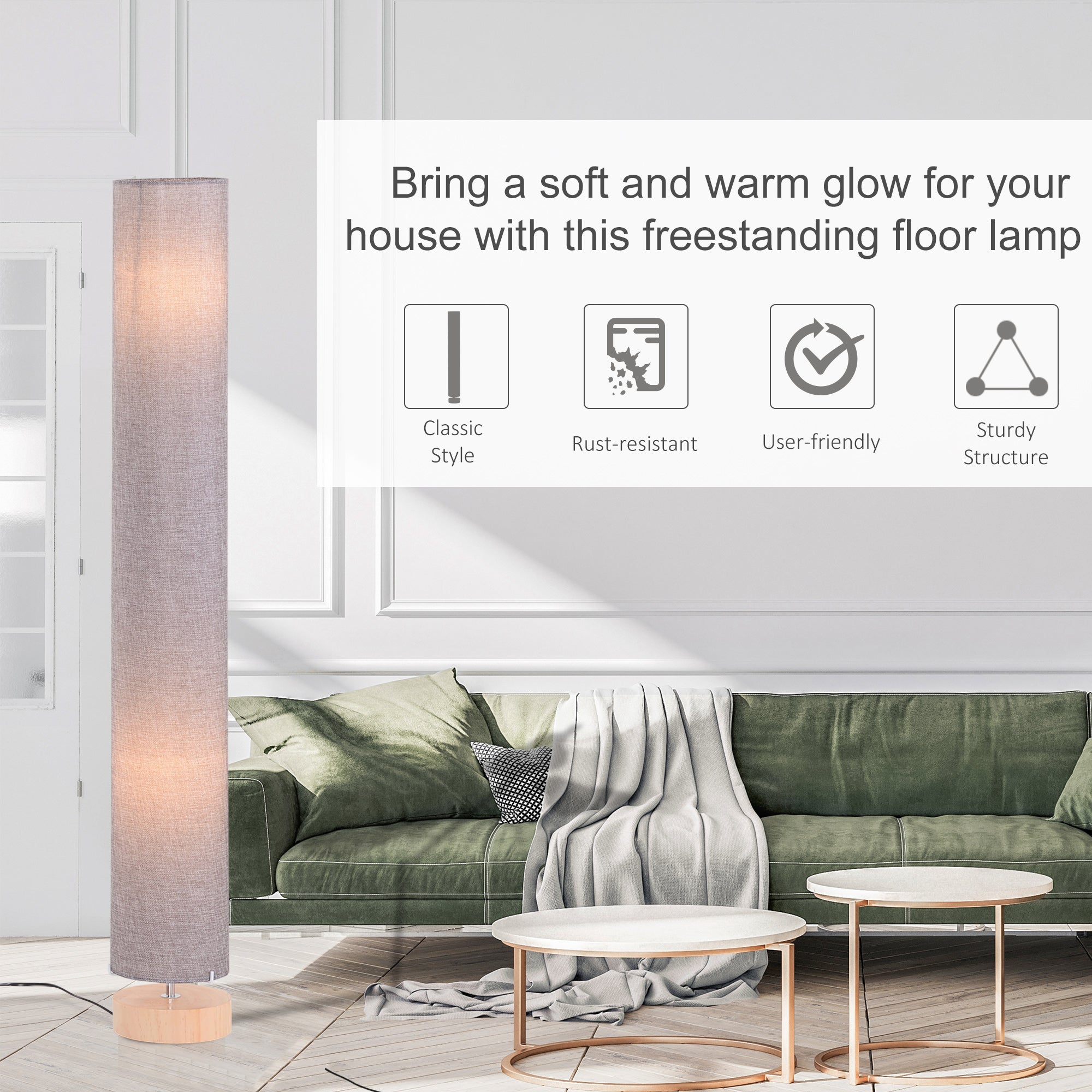 Kozy Floor Lamp for Living Room, 47" Modern Standing Lamp with Linen Shade, Wooden Base, Grey