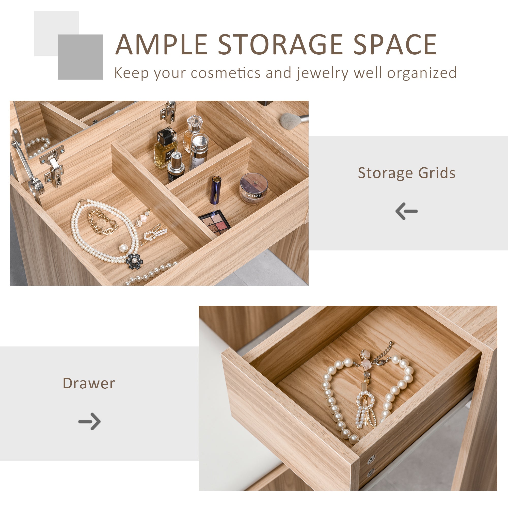 Kozy Dressing Table with Flip-Up Mirror and Cushioned Stool, Makeup Vanity Desk with Hidden Compartments and Storage Drawer, Convertible Writing Table for Bedroom, Natural