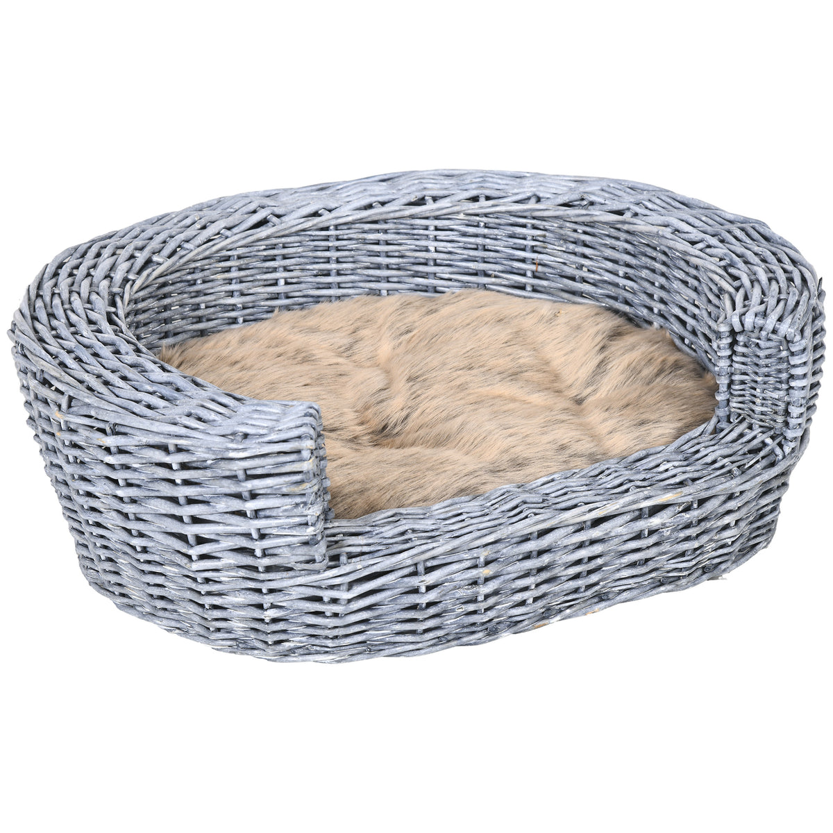 Kozy Wicker Pet Bed Willow Dog Cat Sofa Couch Puppy Basket with Cushion Grey 57L x 46W x 17.5H cm