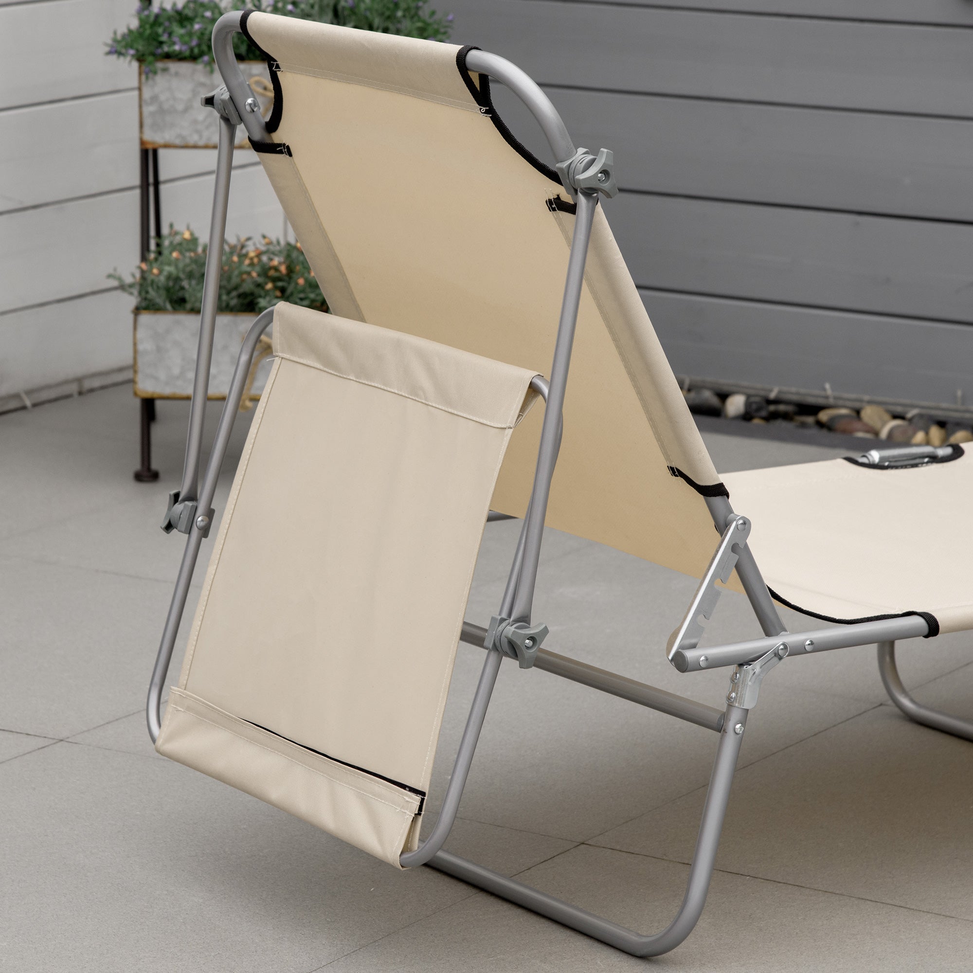 Kozy Outdoor Foldable Sun Lounger, 4 Level Adjustable Backrest Reclining Sun Lounger Chair with Angle Adjust Sun Shade Awning for Beach, Garden, Patio, Beige