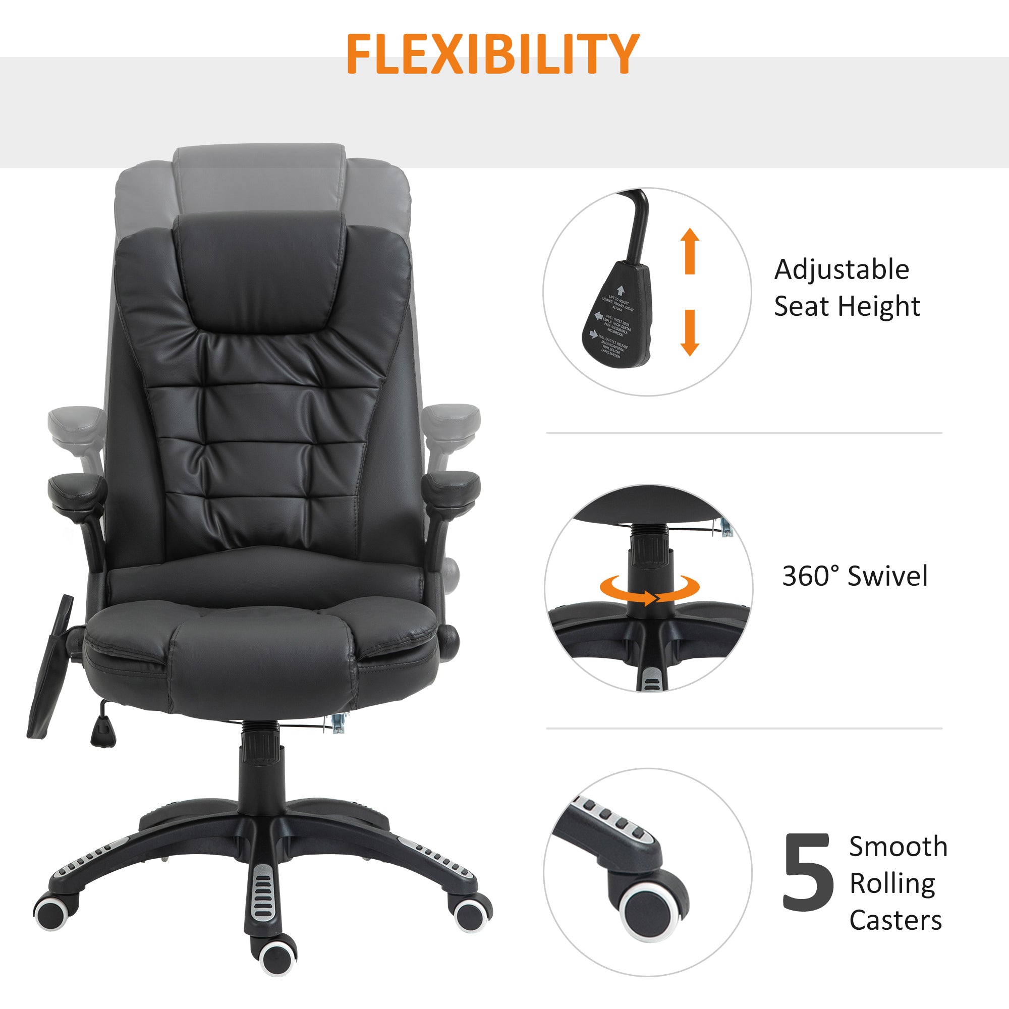 HOMCOM Massage Chair with Heat, High Back PU Leather Executive Office Chair W/ Tilt and Reclining Function, Black | Aosom UK