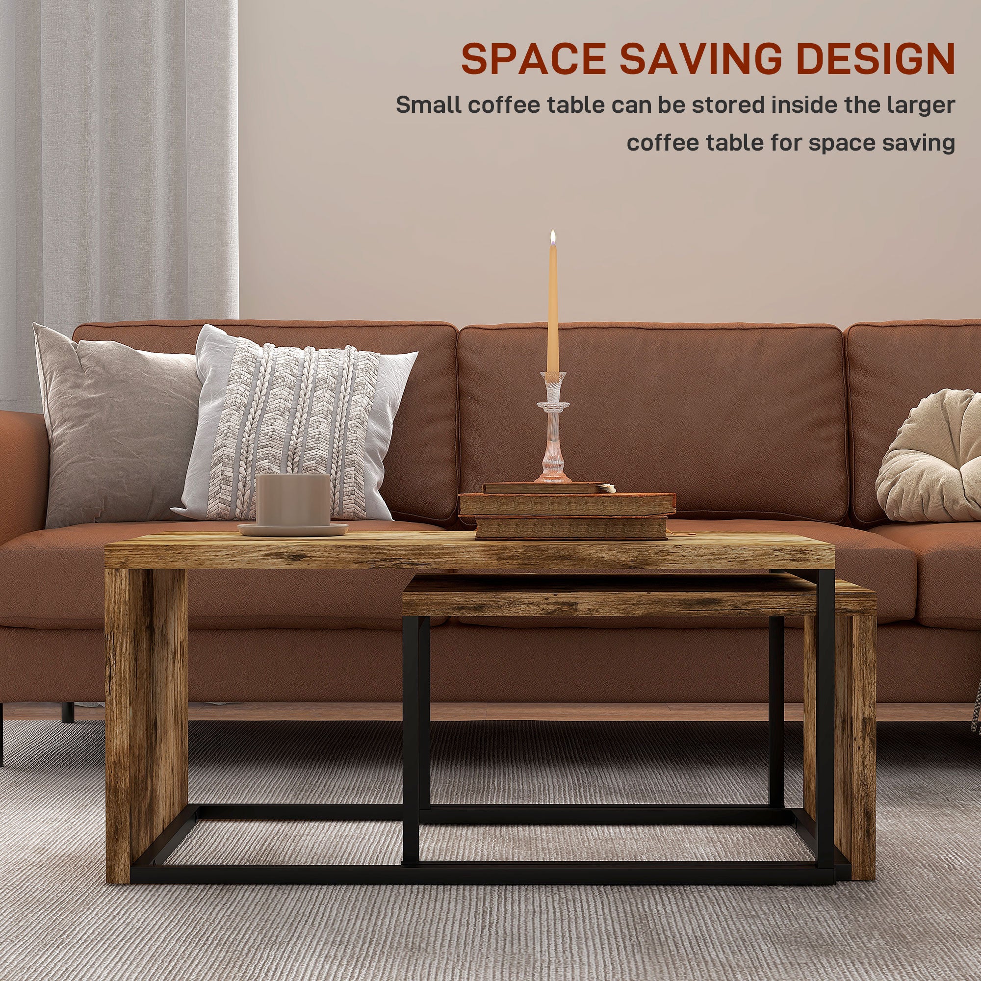 Kozy Nesting Coffee Table Set of 2, Industrial Stacking Side End Tables with Metal Frame for Living Room, Bedroom, Rustic Brown