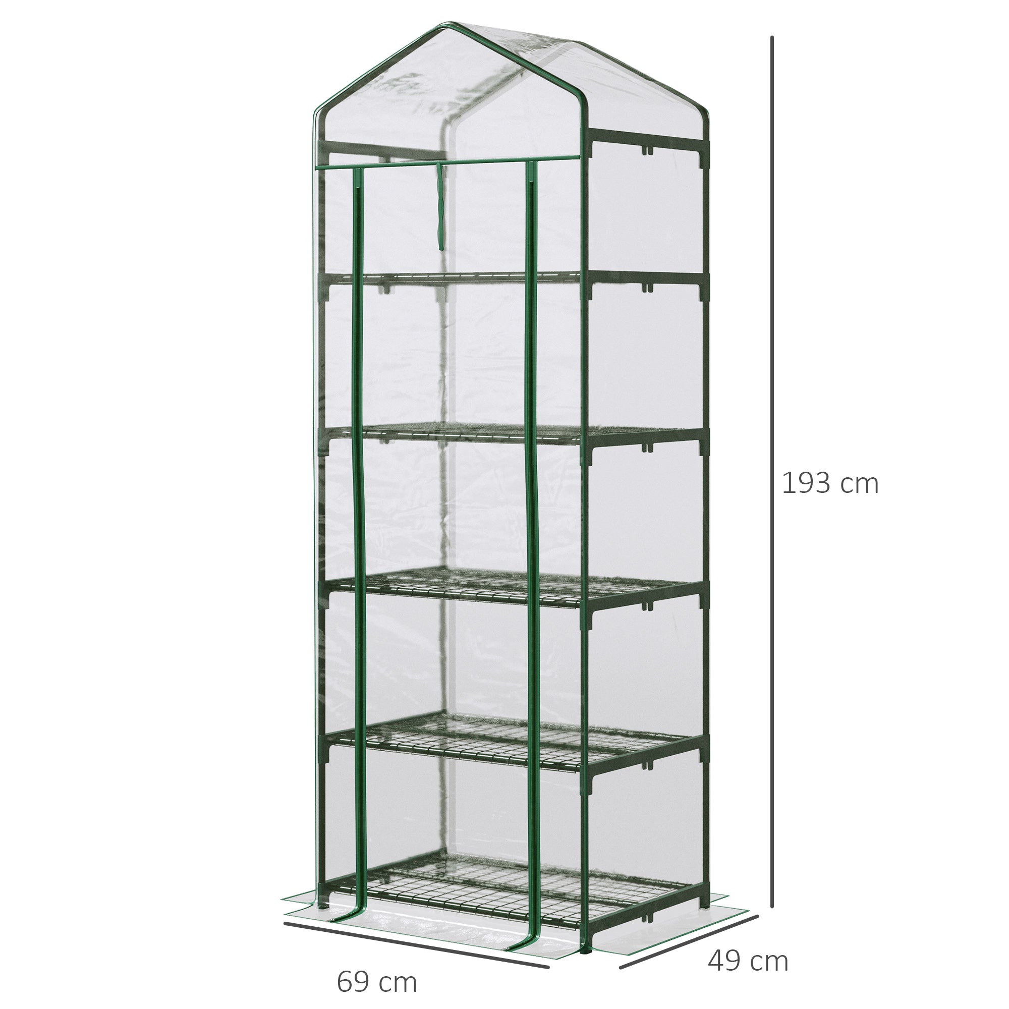 Kozy 5 Tier Mini Greenhouse, Small Walk-in Greenhouse with Reinforced Plastic Cover, Garden Grow House with Roll Up Door and Shelves, 69 x 49 x 193cm, Green
