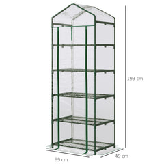 Kozy 5 Tier Mini Greenhouse, Small Walk-in Greenhouse with Reinforced Plastic Cover, Garden Grow House with Roll Up Door and Shelves, 69 x 49 x 193cm, Green