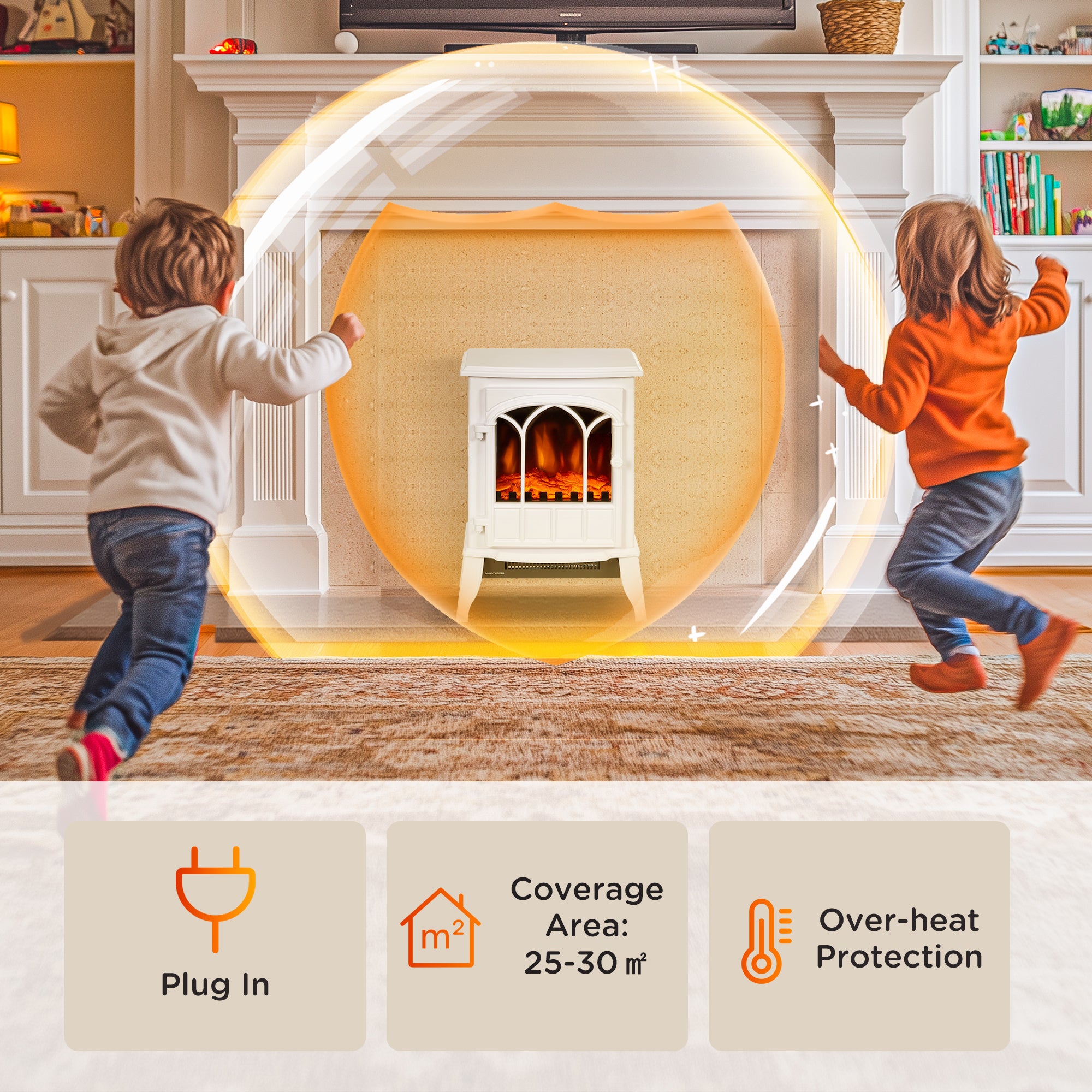 Kozy - Freestanding Electric Fireplace, Electric Log Burner with LED Flame Effect, Overheating Safety System, 1000W/2000W White