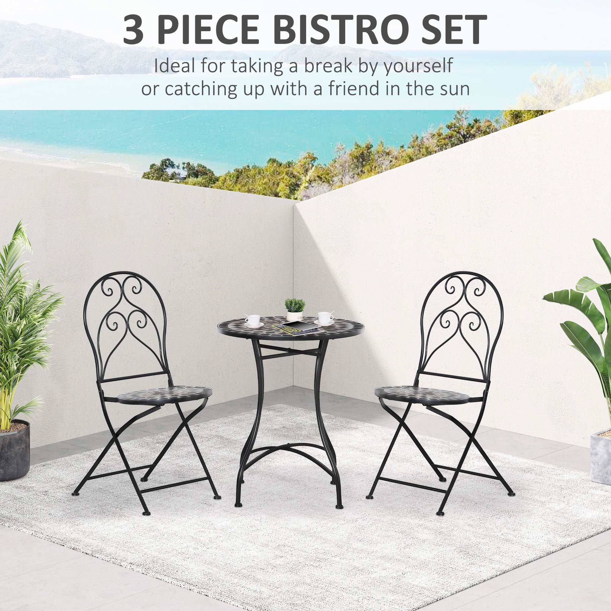 Kozy 3 Pieces Garden Bistro Set with Coffee Table and 2 Folding Single Chairs, Mosaic Garden Table Top and Seats, Metal Frame, for Patio Balcony, Black