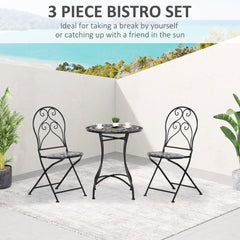 Kozy 3 Pieces Garden Bistro Set with Coffee Table and 2 Folding Single Chairs, Mosaic Garden Table Top and Seats, Metal Frame, for Patio Balcony, Black