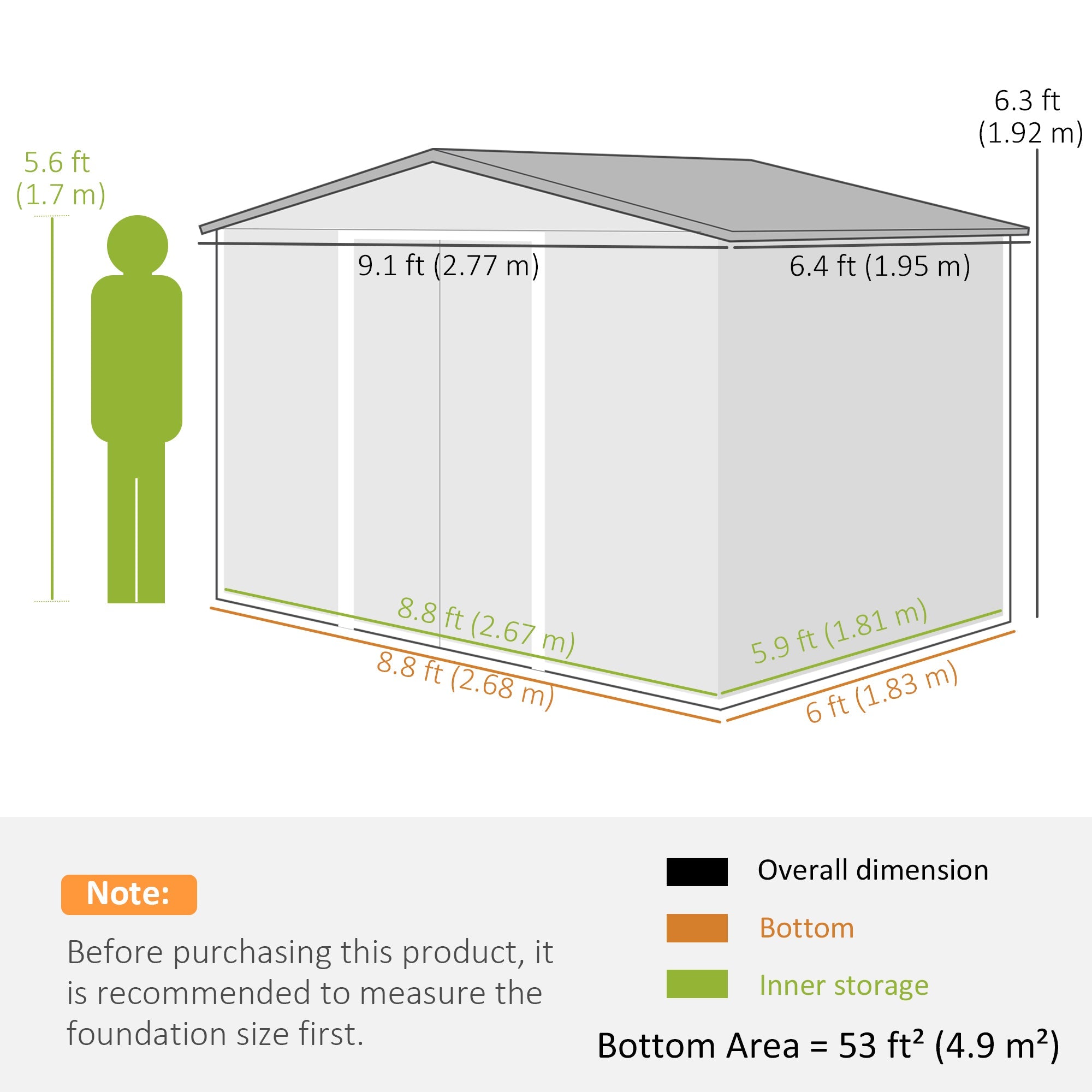 Outsunny Lockable Garden Shed Large Patio Tool Metal Storage Building Foundation Sheds Box Outdoor Furniture (9 x 6 FT, Green) | Aosom UK