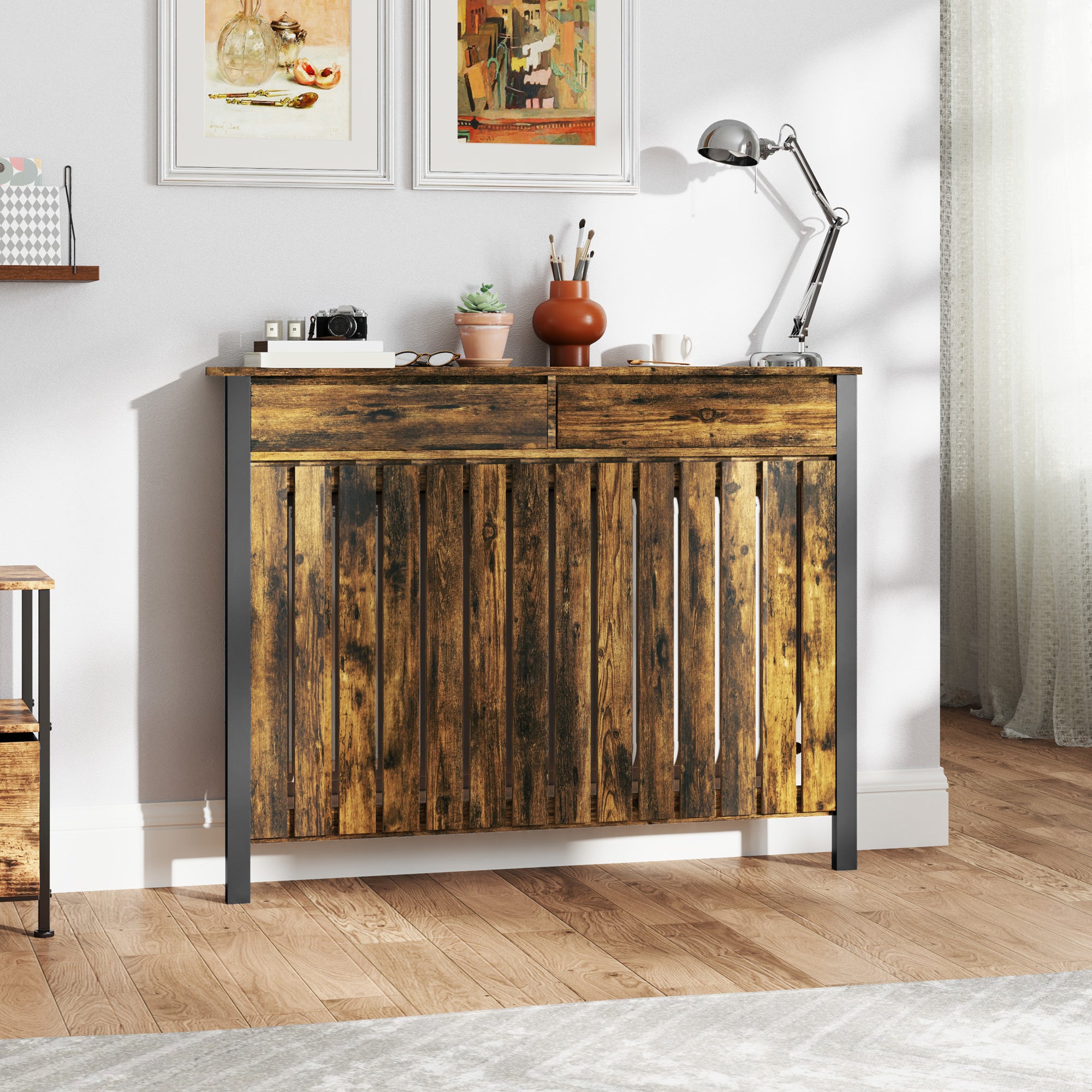 Kozy - 93 x 119cm Rustic-Look Radiator Cover - Brown/Black