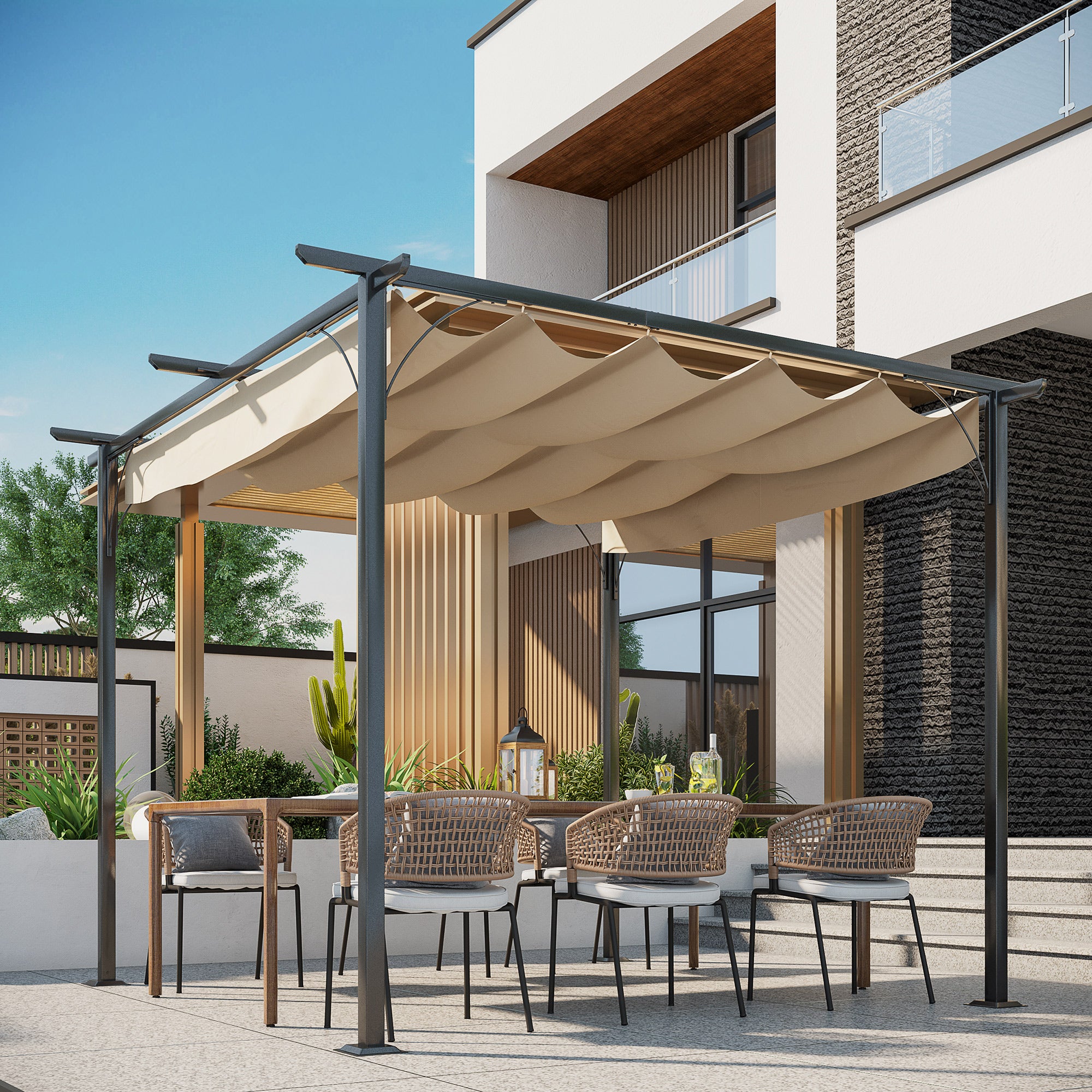 Kozy 3 x 3(m) Metal Pergola with Retractable Roof, Garden Gazebo Metal Pergola Canopy. Outdoor Sun Shade Shelter for Party BBQ, Beige