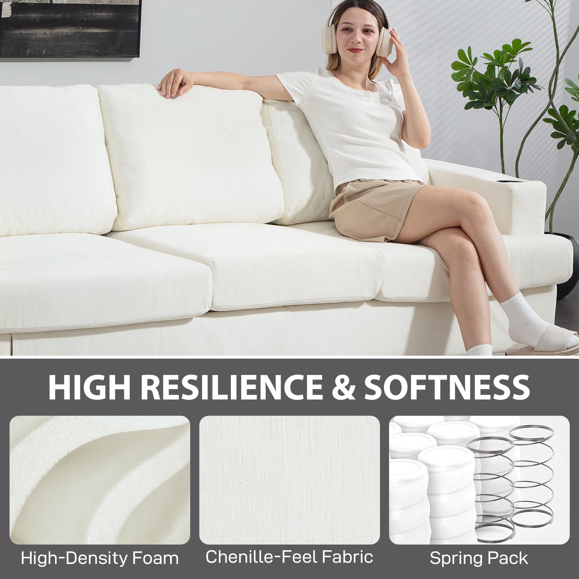 Kozy - 3 Seater Sofa with USB Ports & Cup Holders - Cream White