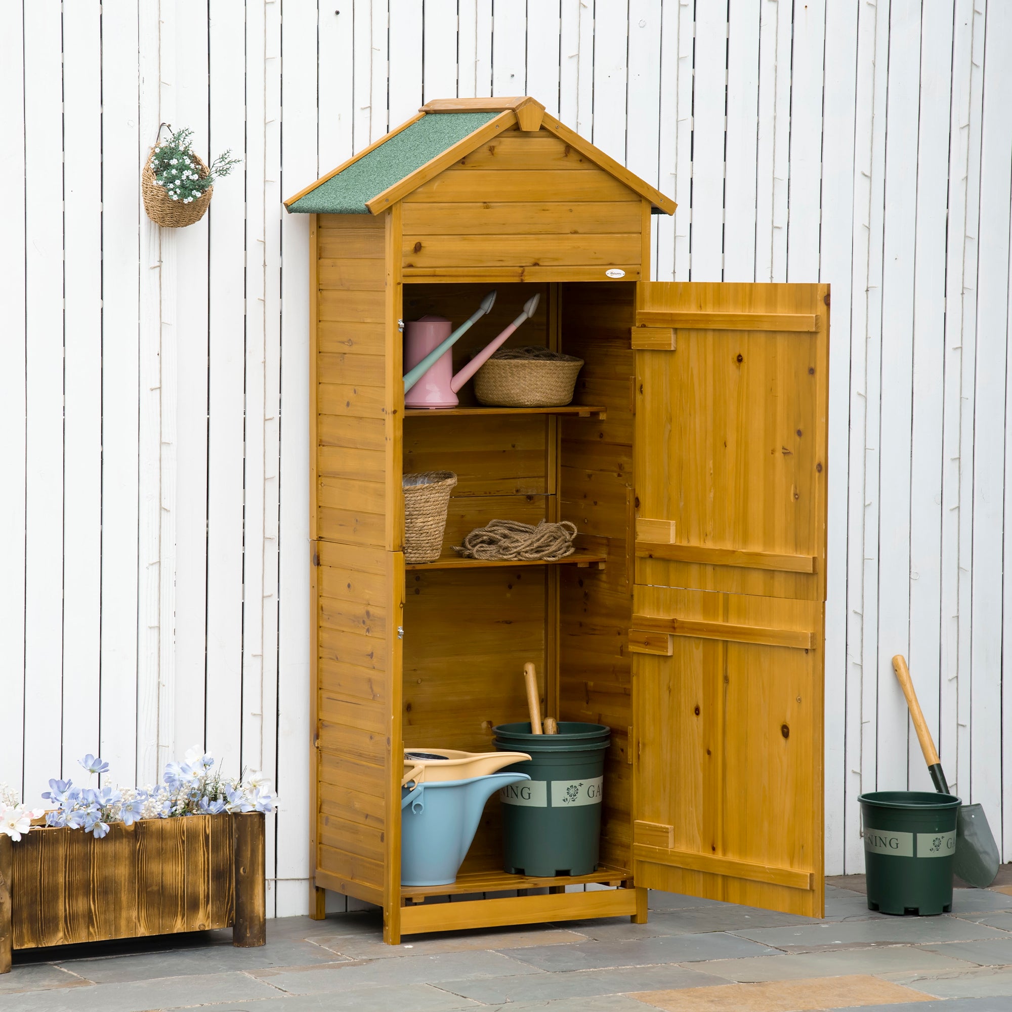 Kozy Wooden Garden Storage Shed Utility Gardener Cabinet w/ 3 Shelves and 2 Door, 191.5cm x 79cm x 49cm, Natural wood effect