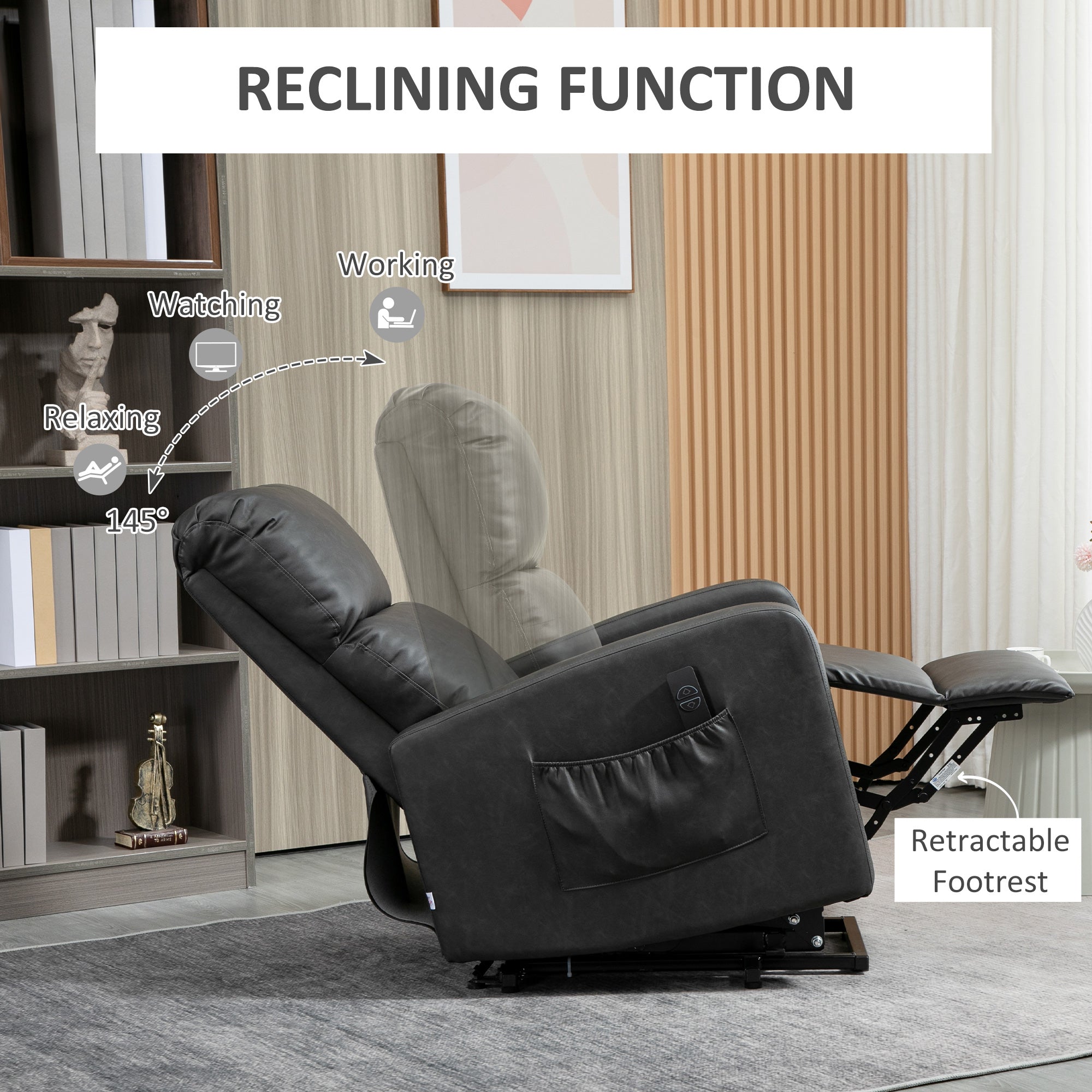 Kozy Riser and Recliner Chair for the Elderly, PU Leather Upholstered Lift Chair for Living Room with Remote Control, Side Pockets, Charcoal Grey