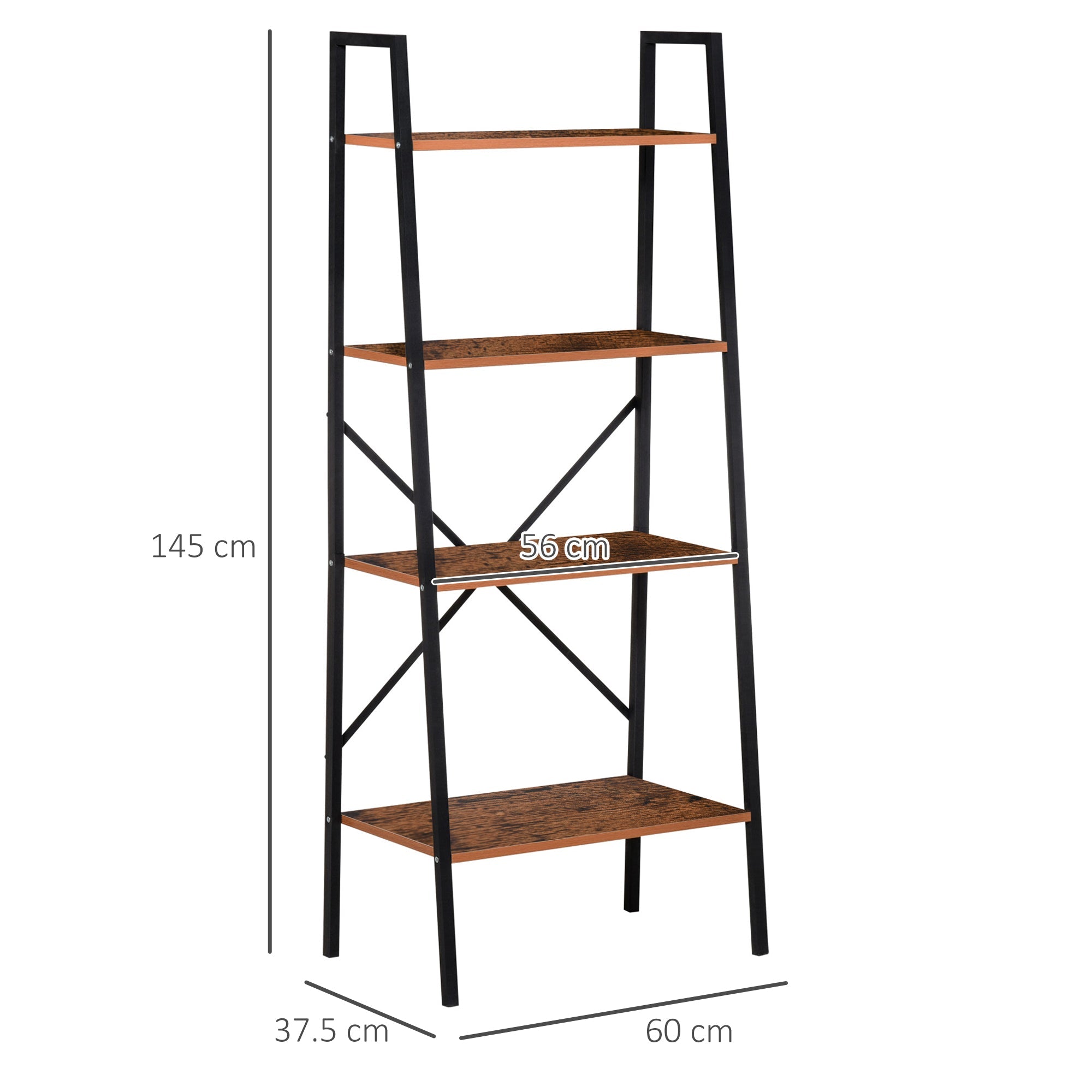 HOMCOM 4-Tier Vintage Ladder Shelf Bookcase Wood Storage Rack Stand Plants Display Black brown | Aosom UK