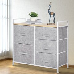 HOMCOM 5 Drawer Linen Storage Chest Home Organisation w/ Shelf Handles Metal Frame Adjustable Feet Hallway Home Dresser Grey