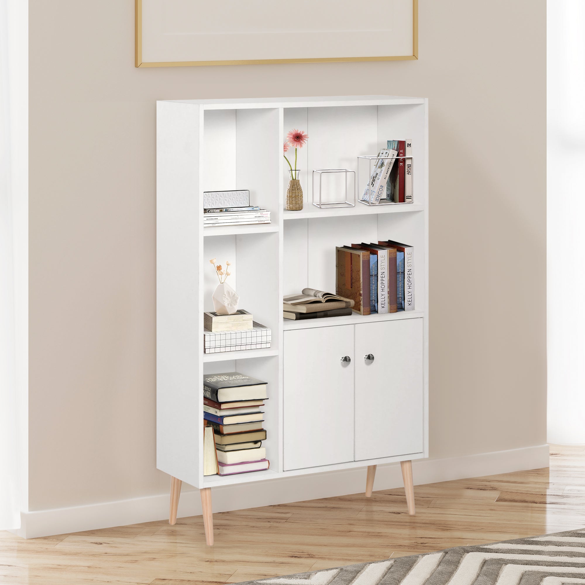 Kozy Sideboard Storage Cabinet Cupboard, Open Bookcase with 2 Doors 5 Compartments Wooden Modern Style for Living Room Bedroom Kitchen 80 x 23 x 123 cm, White