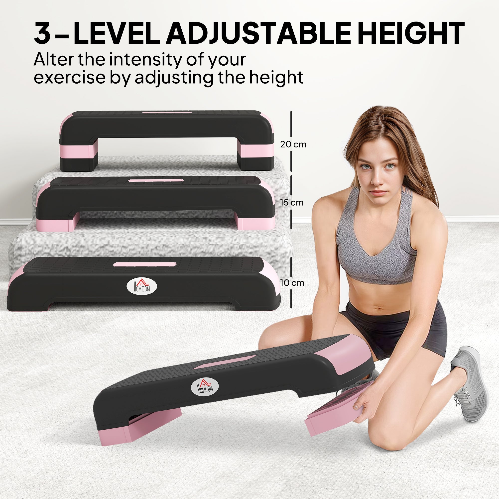 Kozy - Aerobic Step with 3-Level Adjustable Heights for Home, Office Exercise, Black and Pink