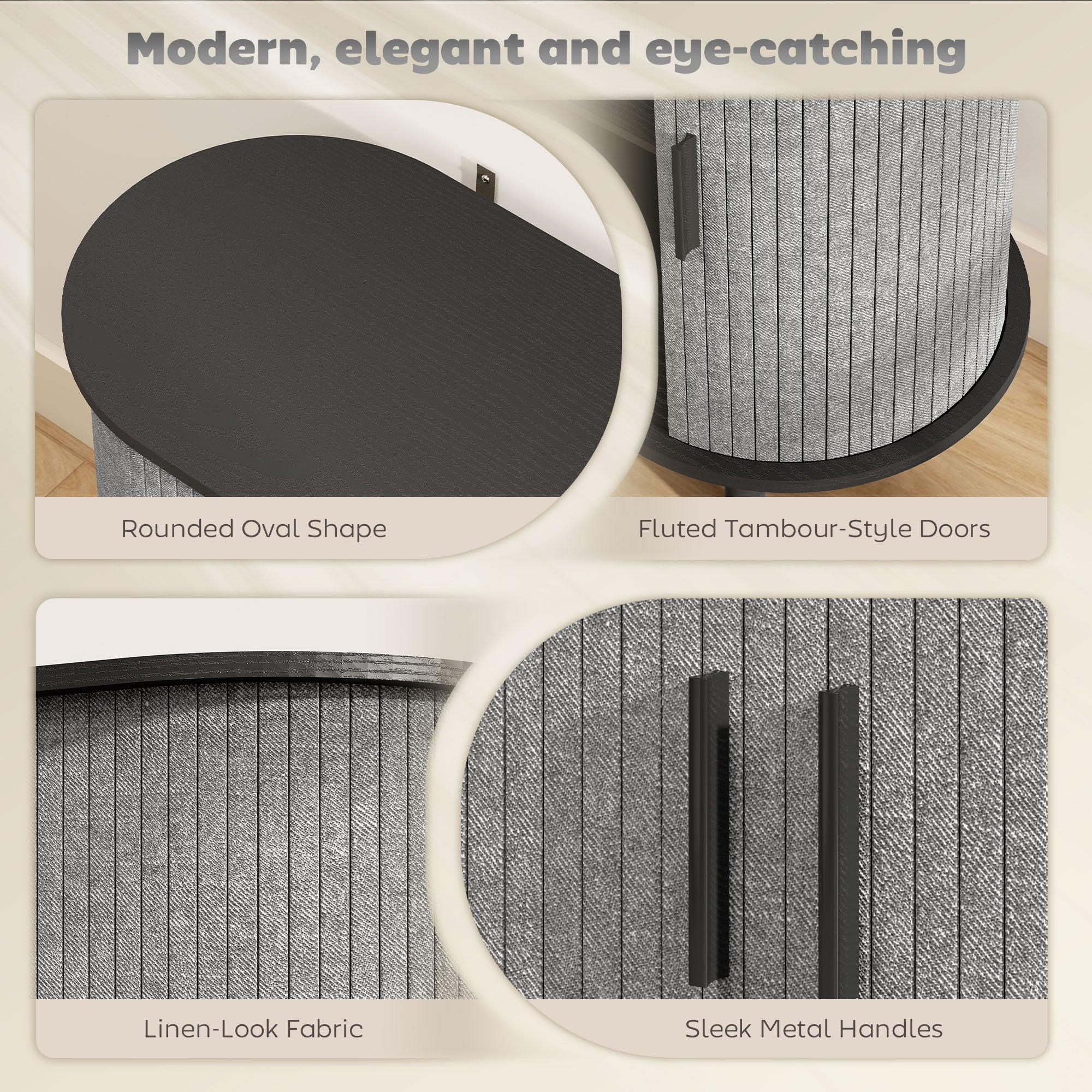 Kozy Tambour Sideboard with Fluted Sliding Doors, Modern Kitchen Cupboard with Storage Shelves and Wooden Legs, Grey