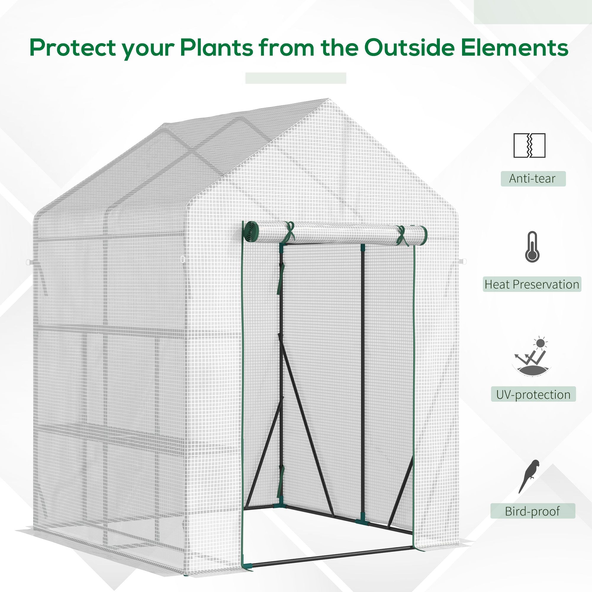 Kozy Walk In Greenhouse with 2 Tier Shelf, Portable Gardening Plant Grow House Tomato Greenhouse with Roll up Zip Panel Door, Reinforced PE Cover, 143 x 143 x 195cm, Green