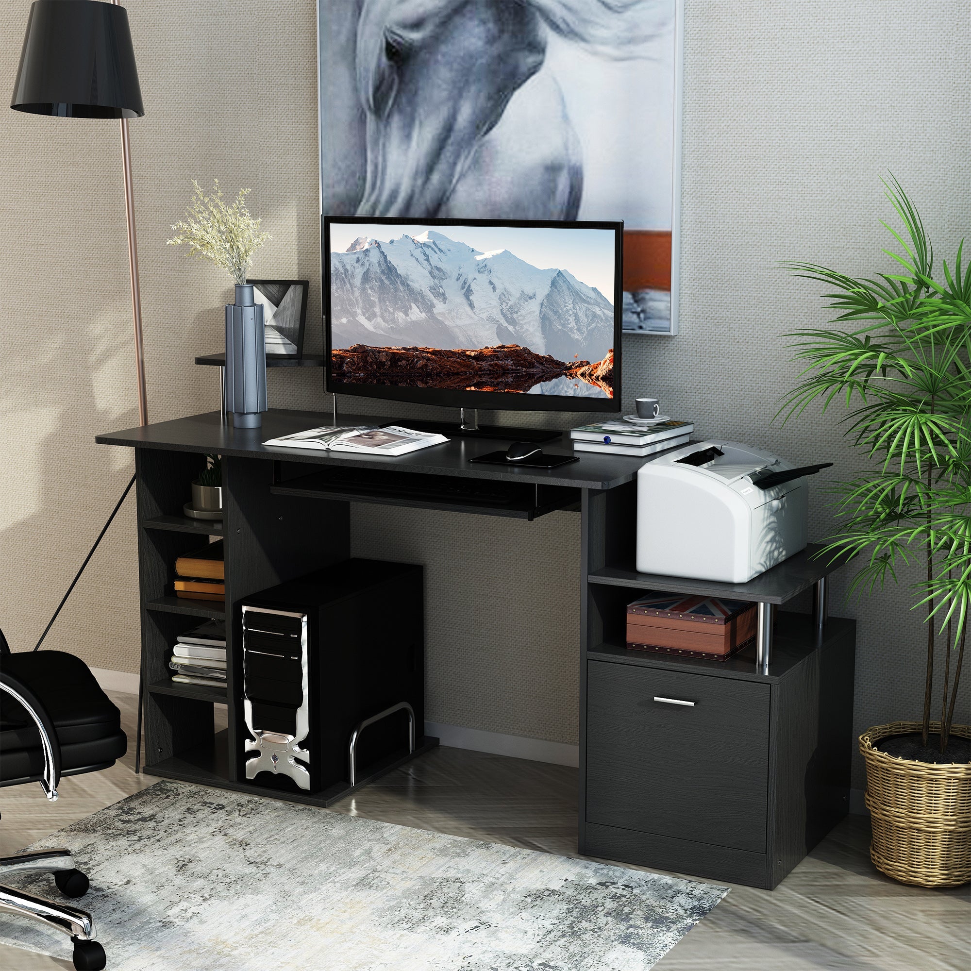 HOMCOM Computer Desk PC Workstation with Drawer Shelves CPU Storage Rack Home Office Furniture (BLACK) | Aosom UK