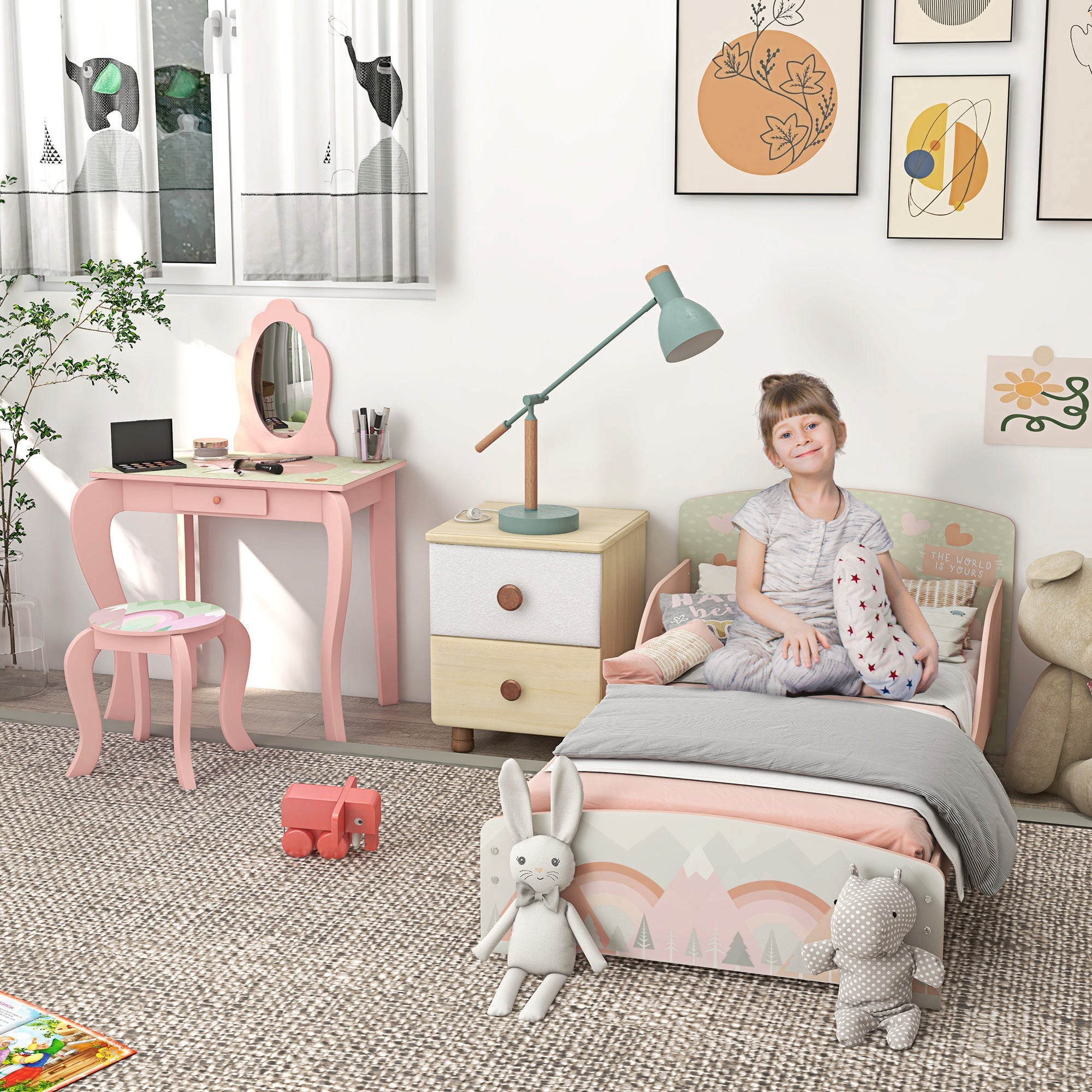 ZONEKIZ Toddler Bed Frame, Kids Dressing Table with Mirror and Stool, Cute Animal Design Kids Furniture Set for Ages 3-6, Pink | Aosom UK
