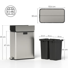 Kozy Dual Kitchen Bin with Soft-Close Butterfly Lid, 2 x 28L Stainless Steel Pedal Bin with Removable Inner Buckets, Fingerprint-Proof for Recycling and Waste, Silver Tone