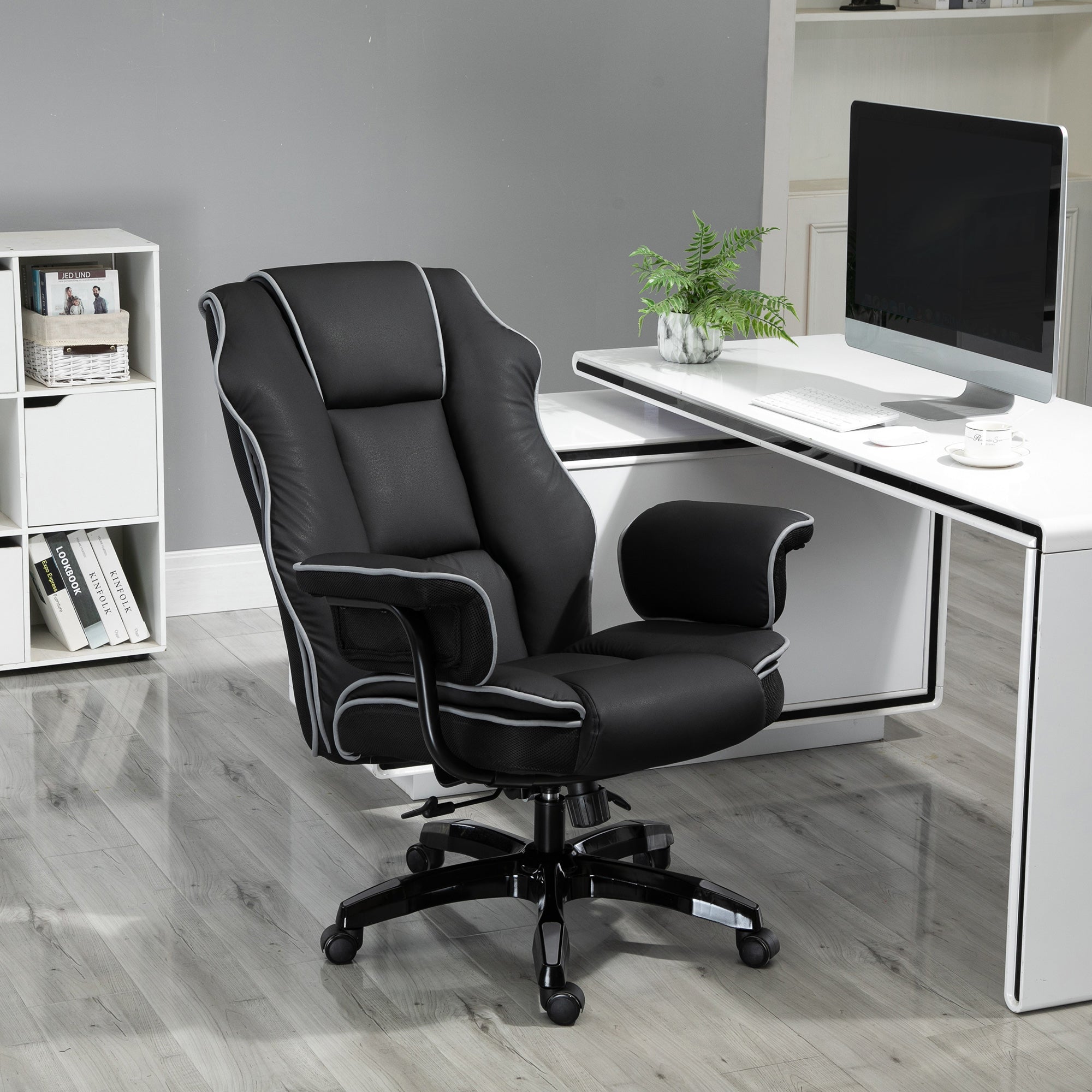 Kozy Faux Leather Executive Office Chair, with Contrast Piping - Black/White