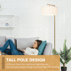 Kozy Floor Lamp, Modern Standing Lamp with Linen Lampshade, Round Base for Living Room, Bedroom, Dining Room, 153cm, Gold and White
