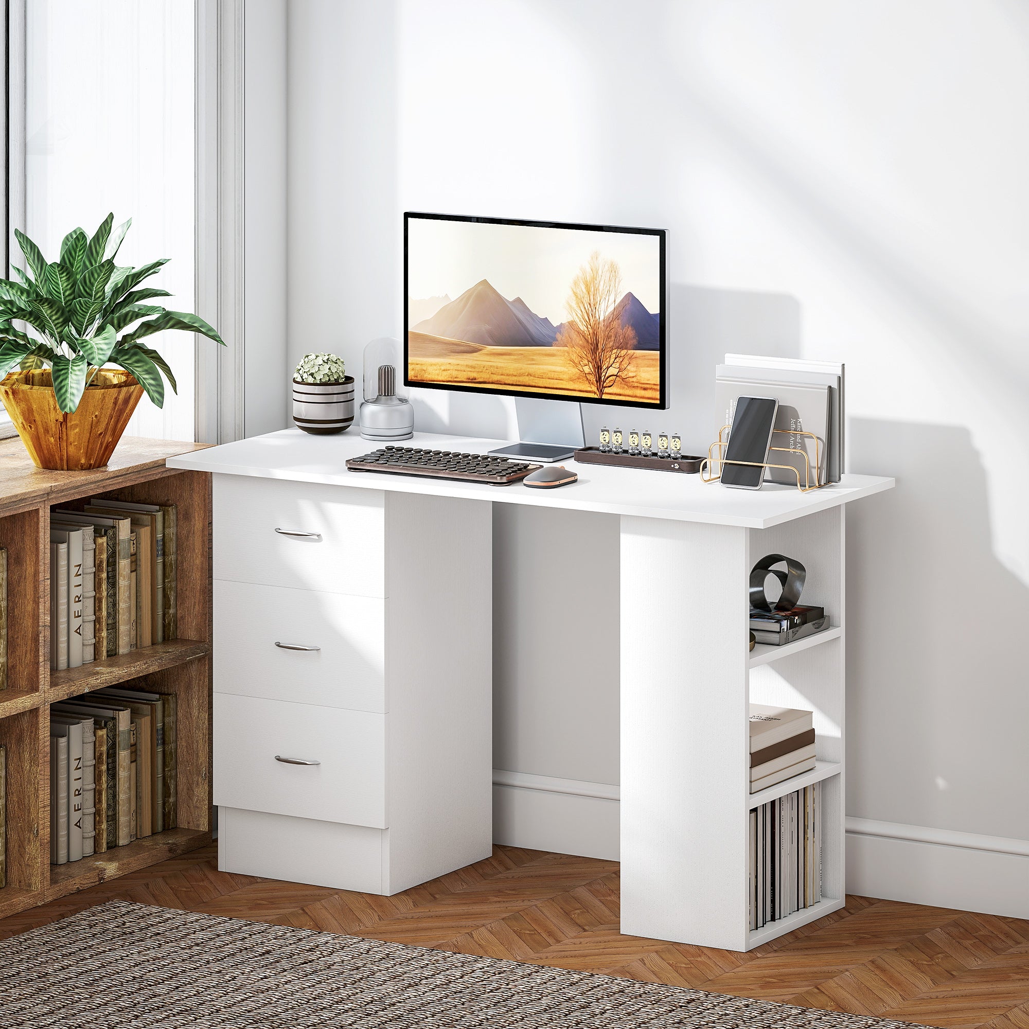Kozy - Computer Desk, Writing Table, PC Workstation with 3 Storage Shelves and Drawers, Silver Handle, for Home Office, White