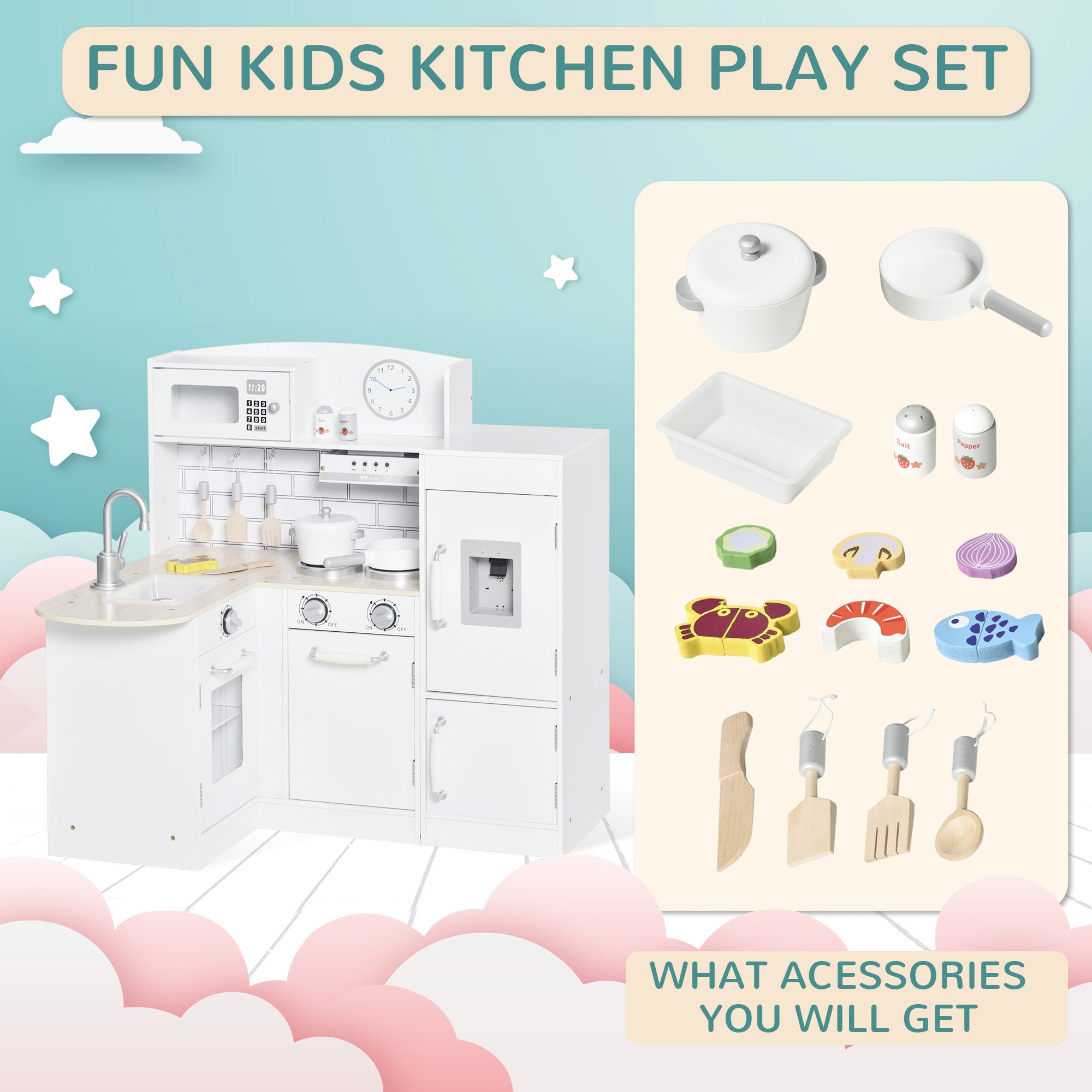 Kozy Kids Play Kitchen Wooden Toy Kitchen Cooking Set for Children with Drinking Fountain, Microwave, and Fridge White