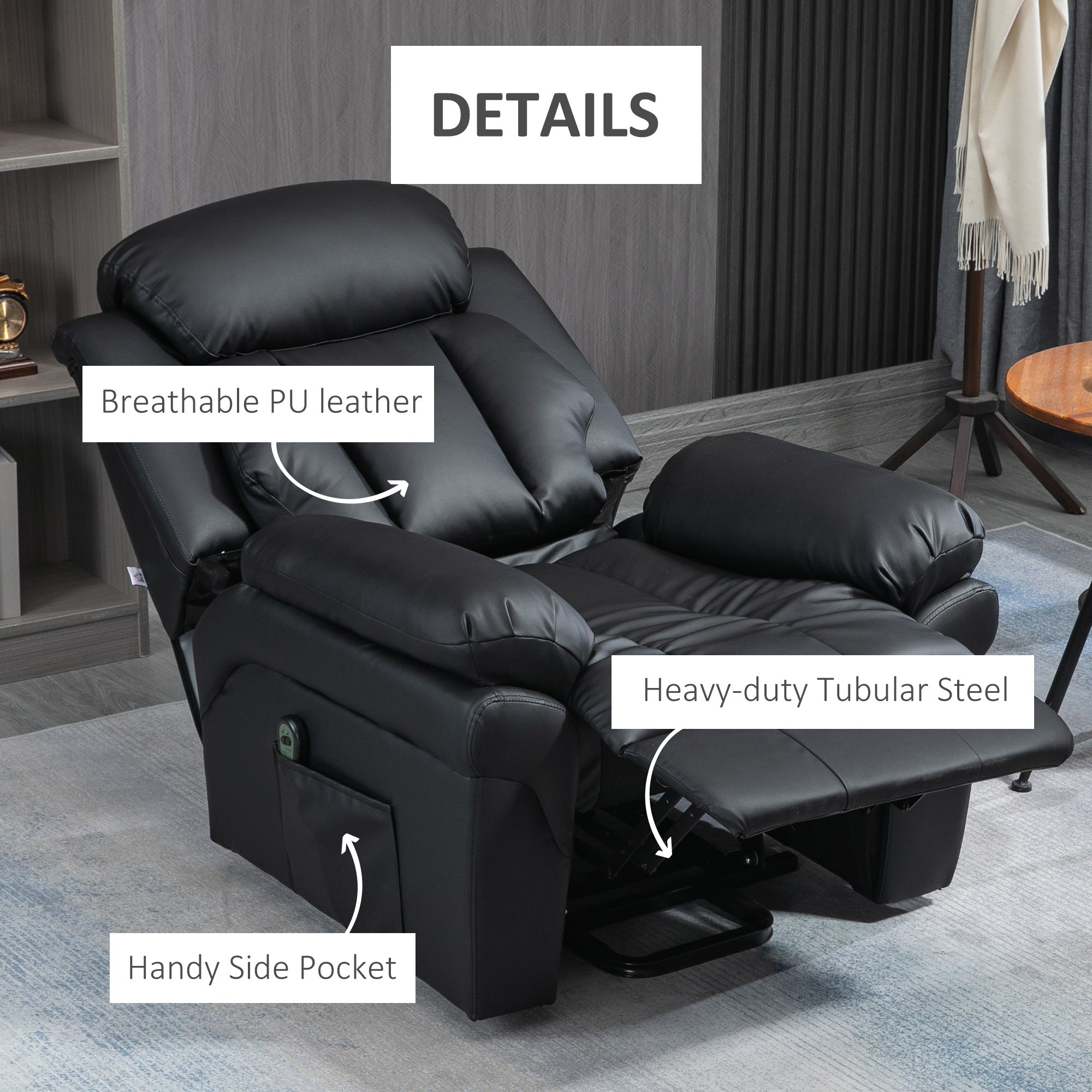 Kozy - Power Lift Chair Recliner for Elderly, Electric Recliner Chair, Overstuffed Faux Leather Riser and Reclining Armchair with Remote Control, Side Pockets, for Living Room, Black