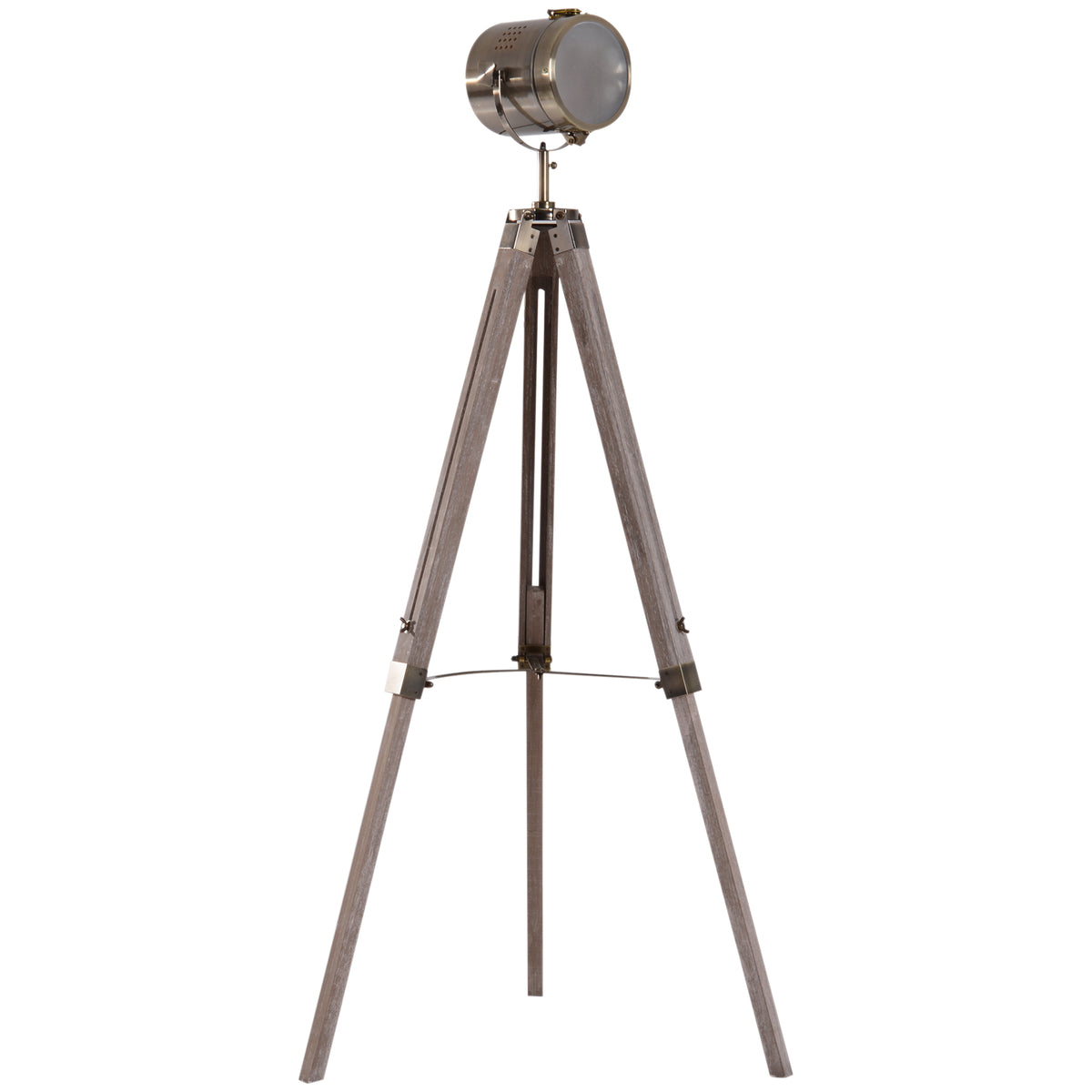 Kozy Industrial Tripod Floor Lamp, Nautical Searchlight with Adjustable Height, Wood Legs, E14 Lamp Base for Living Room, Bedroom, Grey and Bronze