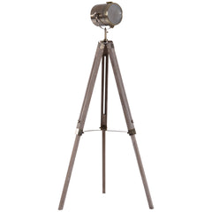 Kozy Industrial Tripod Floor Lamp, Nautical Searchlight with Adjustable Height, Wood Legs, E14 Lamp Base for Living Room, Bedroom, Grey and Bronze