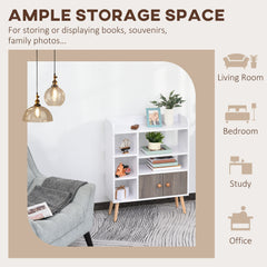 Kozy Bookcase, Freestanding Book Shelf with Storage Cabinet, 6 Shelves and Wood Legs for Home Office Display, White and Grey, 24D x 71.8W x 90.8H cm
