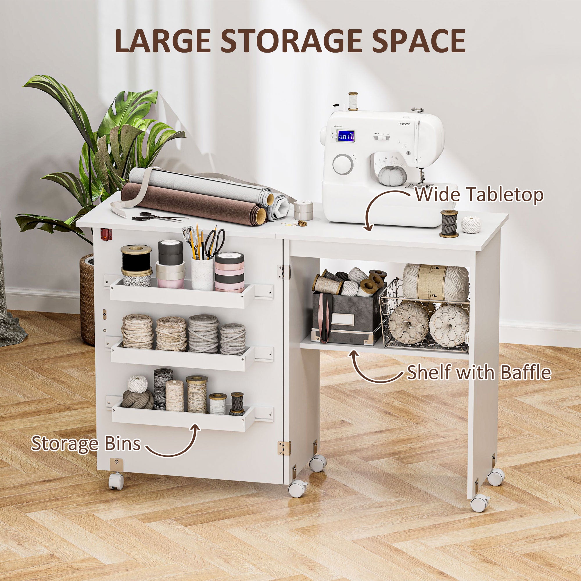 Kozy - Folding Sewing Table, Drop Leaf Craft Table with Storage Bins, Open Shelf and Wheels, Rolling Sewing Machine Cabinet Computer Desk for Small Space, White