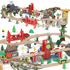Kozy 100 Piece Wooden Train Set for Kids 3+ Years with Track, Crane, Battery Operated Train
