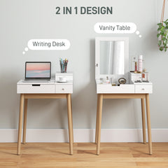 Kozy Dressing Table with Flip-up Mirror, Makeup Desk with 2 Drawers and Pine Wood Legs, Vanity Table Writing Desk for Bedroom Living Room, White