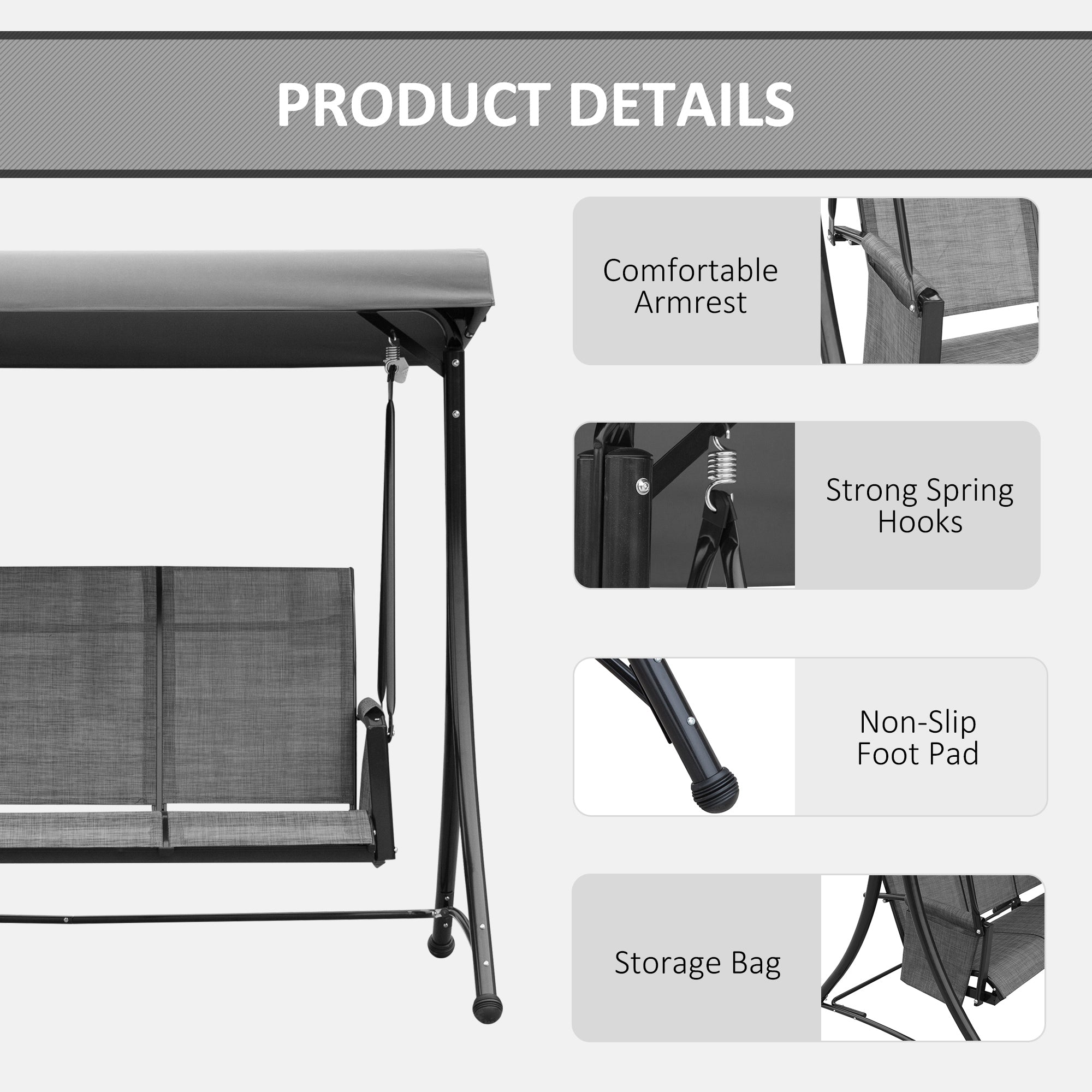 Kozy 3 Person Outdoor Patio Porch Swing Chair with High Back Design, Side Pouches and Adjustable Canopy, Charcoal Grey